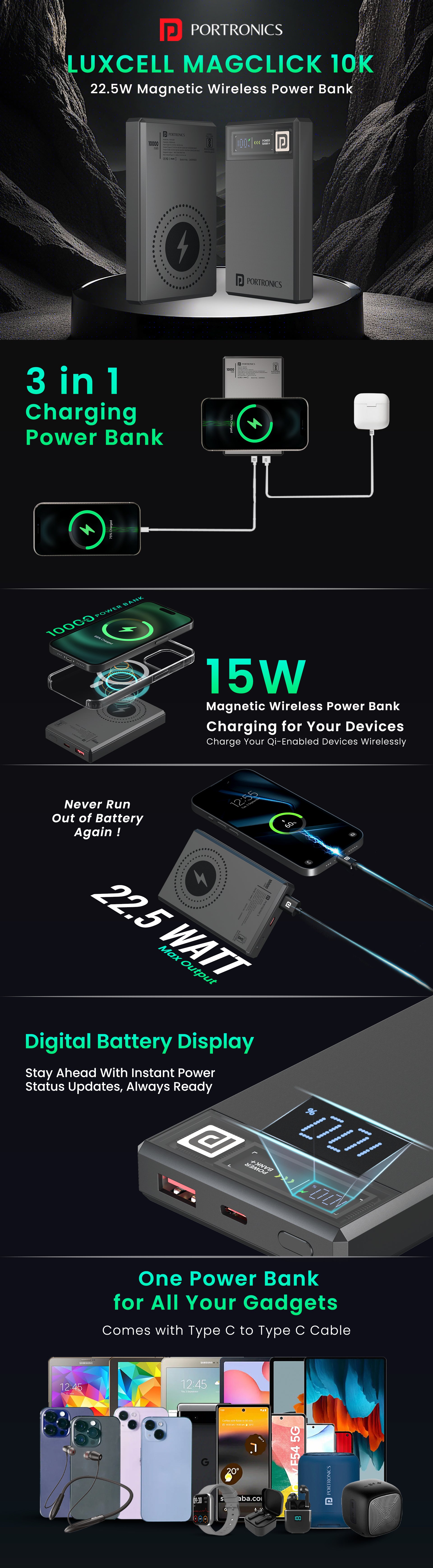 Portronics Luxcell MagClick 10K10000mah 15w mag safe fast charging wireless power bank