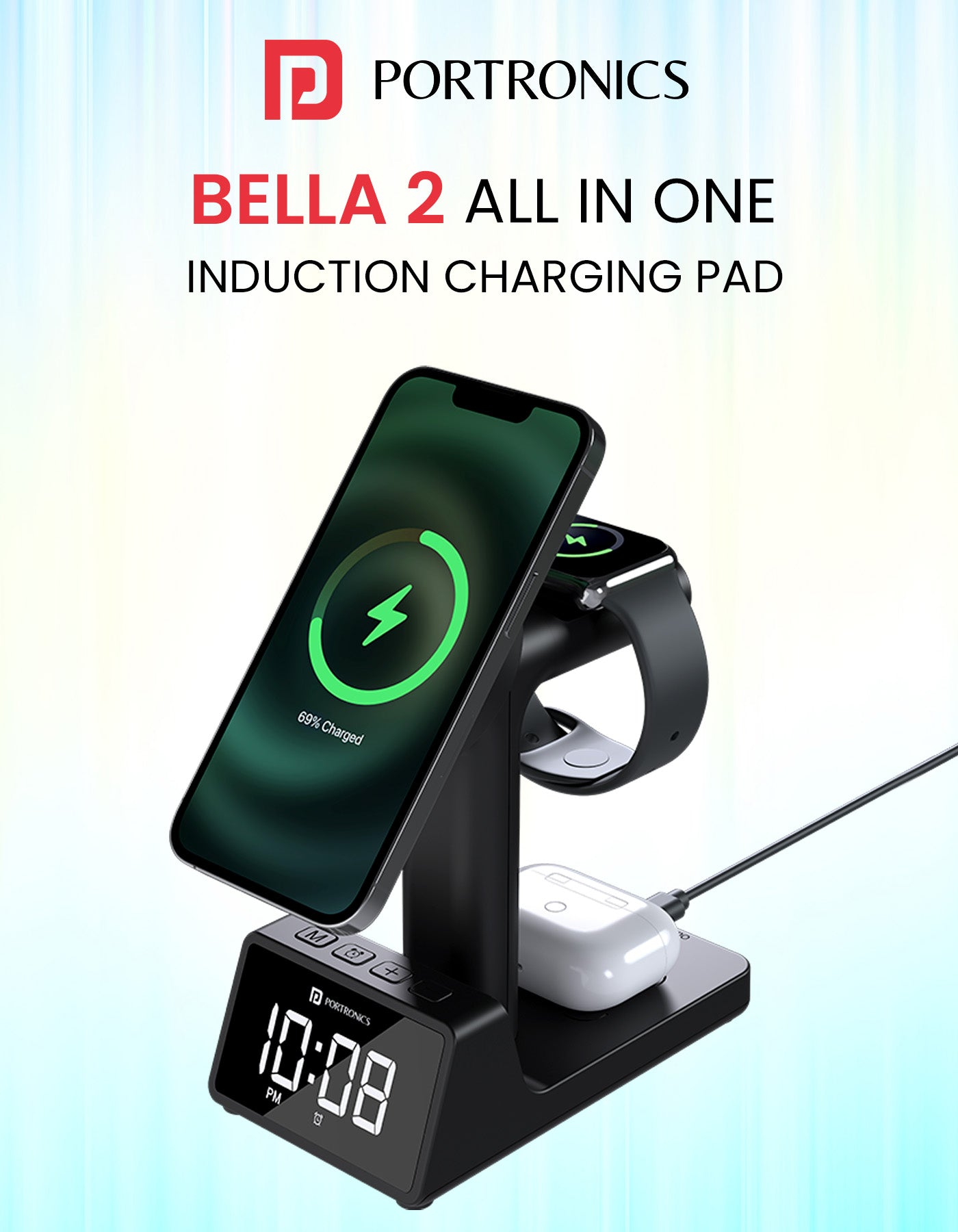 Portronics Bella 2 3-in-1 Wireless Charger with digital alarm clock| wireless induction charging pad| fast wireless charger for iphone