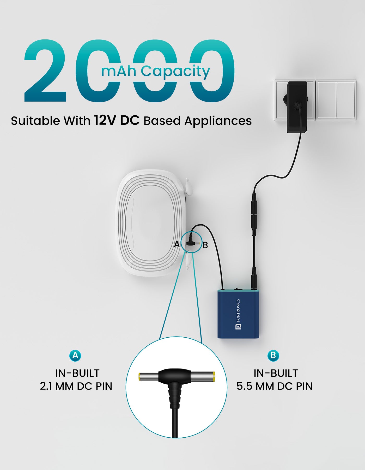 Portronics POWER PLUS 2000mah extended power bank for wifi router with dual DC pin