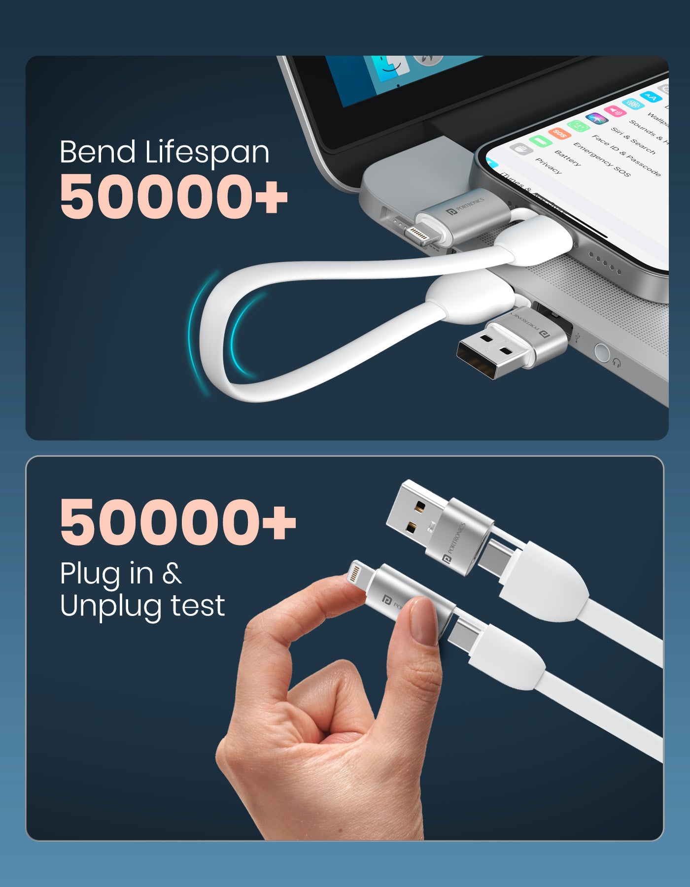 Portronics Keylink 4 in 1 iPhone cable | USB A and Type-C compatible fast charging cable with premium finish and strong keyring loop