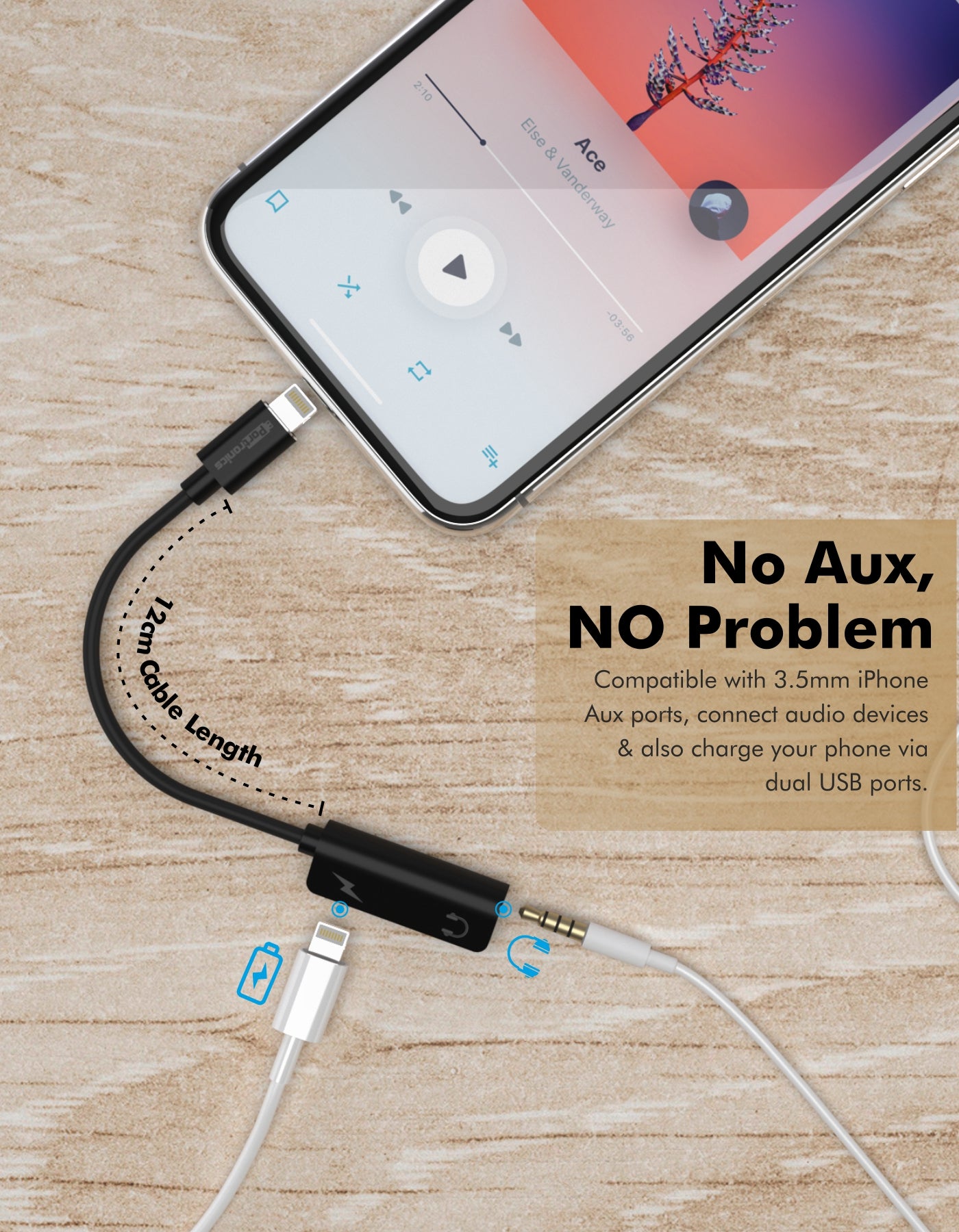Portronics iKonnect One 2-in-1 8Pin to AUX & 8Pin Connector 12cm long cable