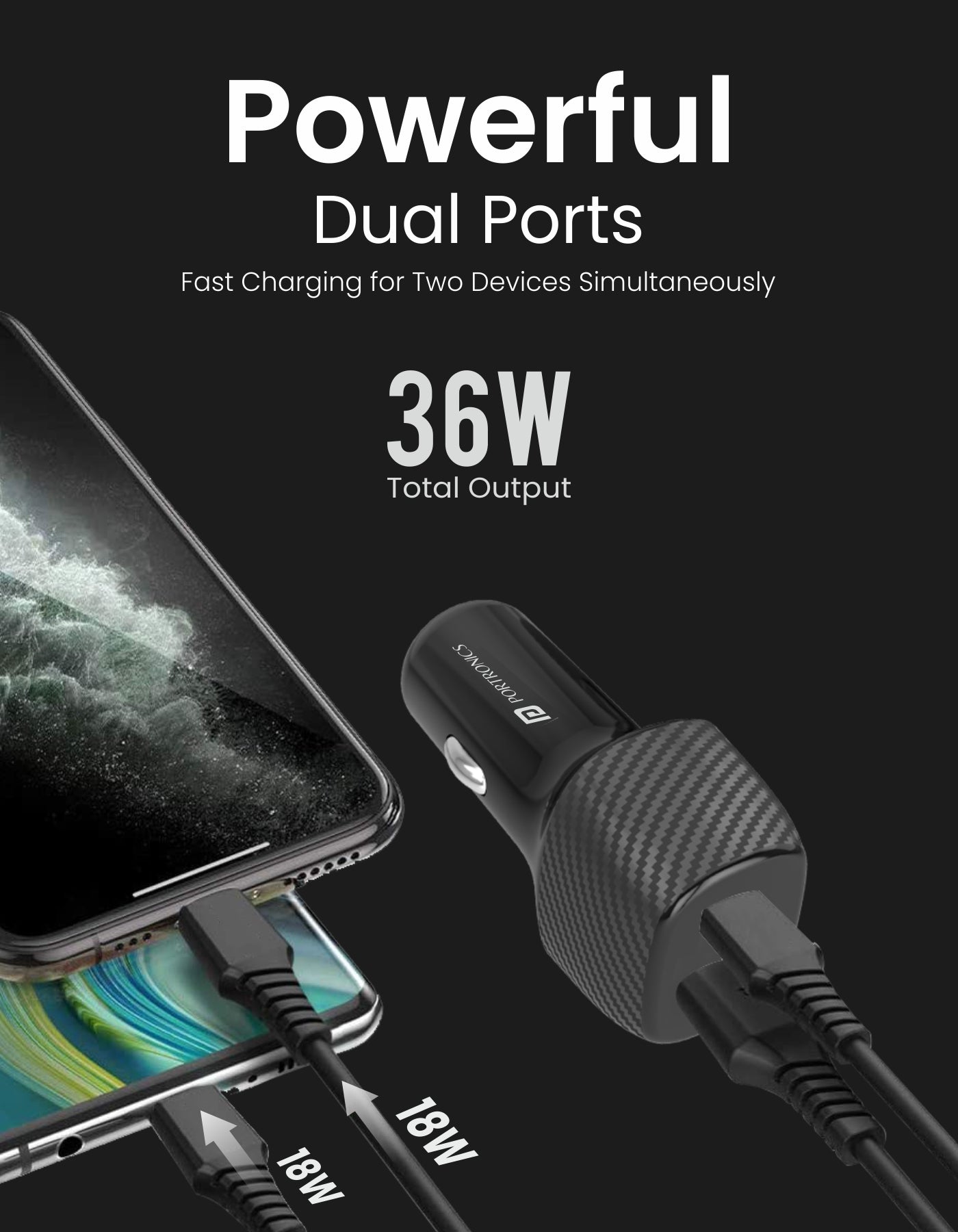 Portronics Car Power 6 with 36W QC + PD Type c & USB car charger dual ports fast charging