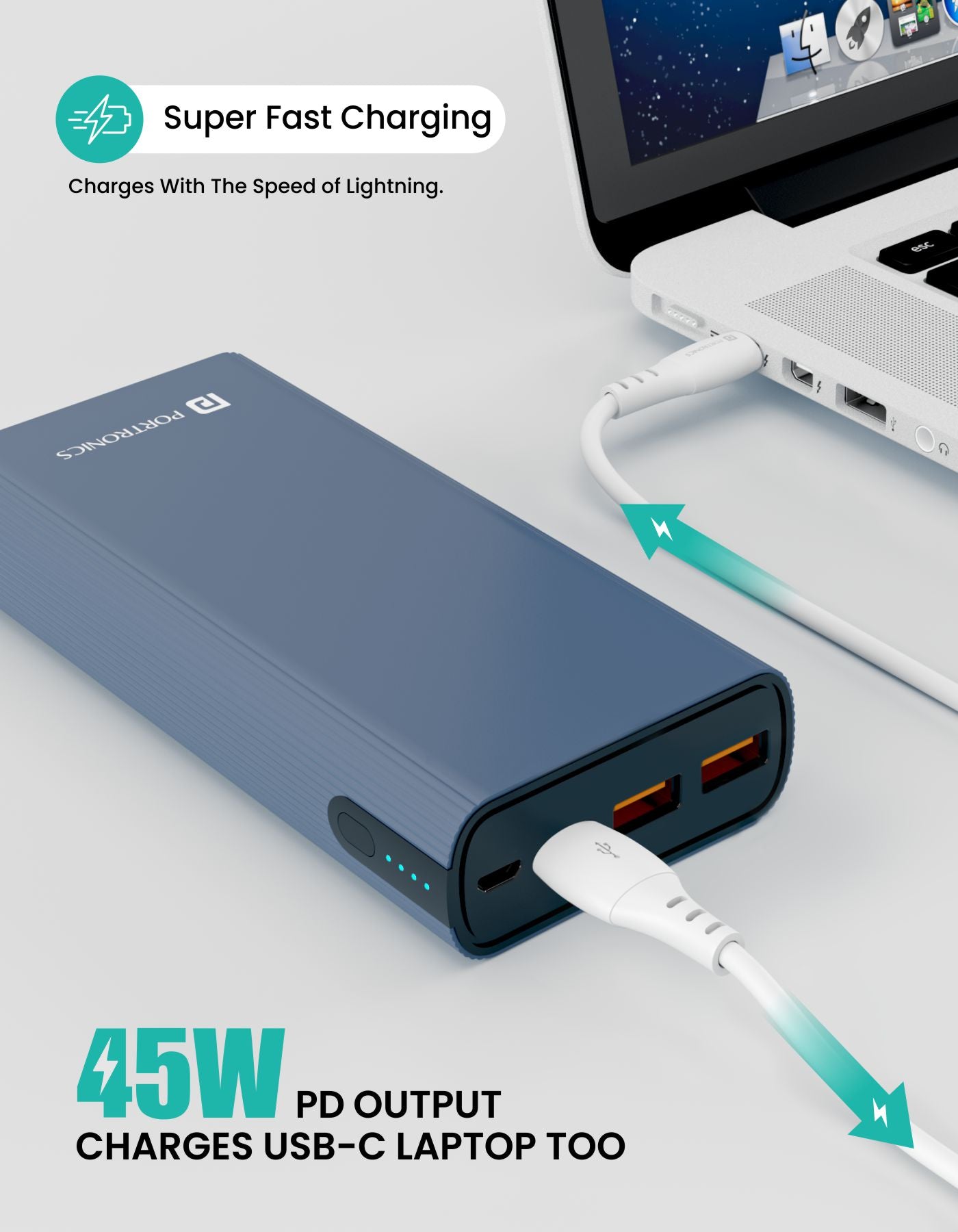 Portronics POWER 45 Power bank 20000mah 45W PD output super Fast Charge