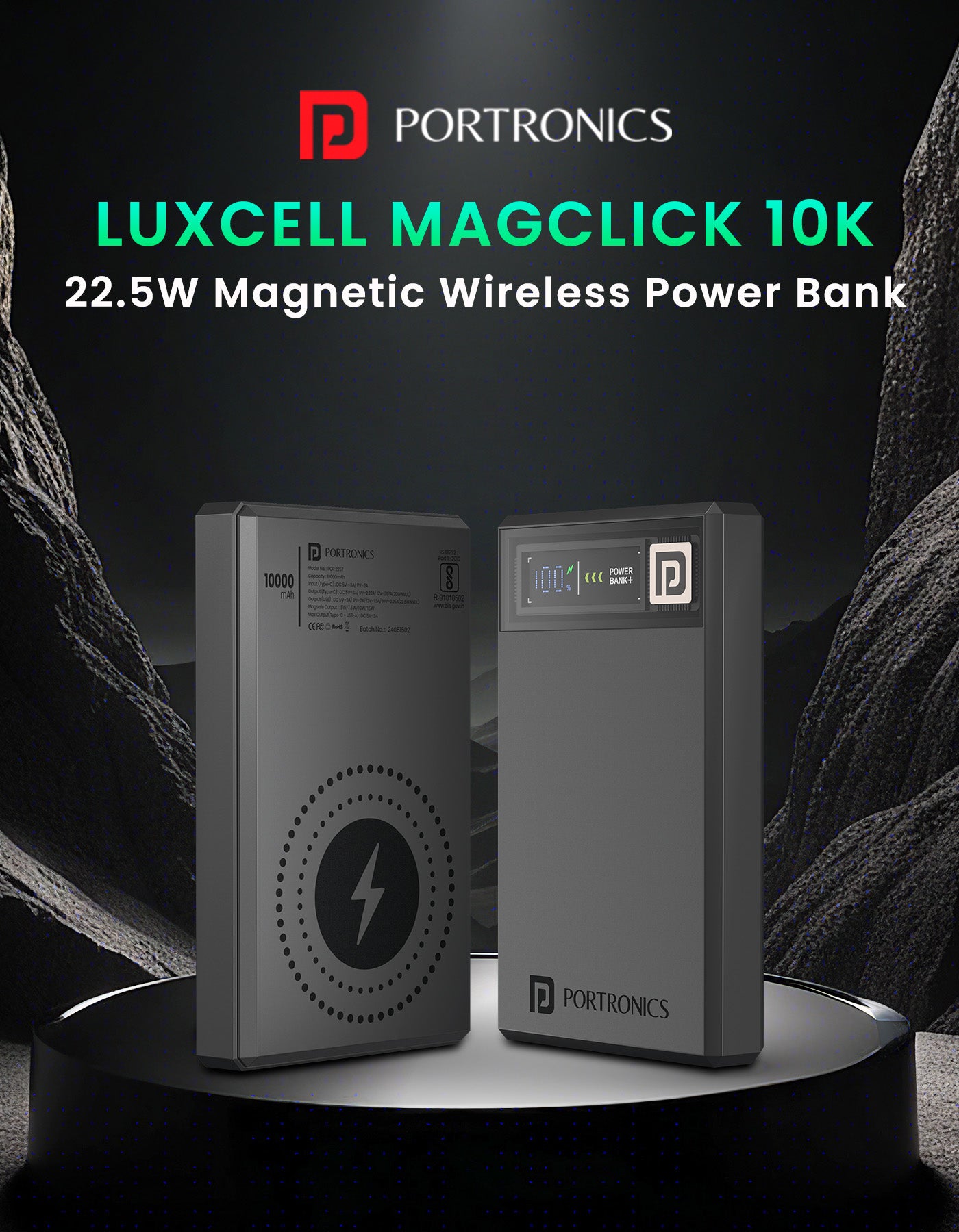 Portronics Luxcell MagClick 10K 10000mah 15w mag safe fast charging wireless power bank with 22.5w wired charging