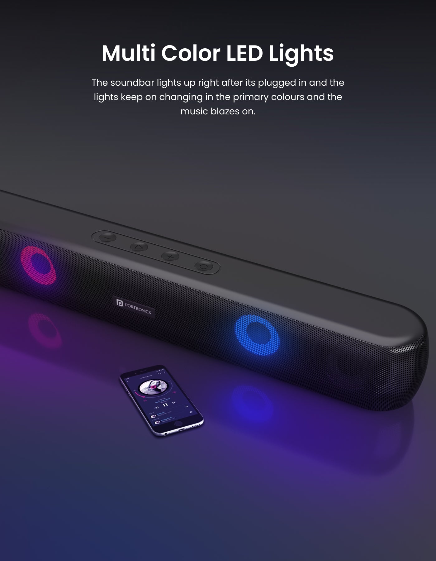 Portronics Decibel 21 Soundbar Bluetooth Speaker with power of 1800 mAh and multi color LED light