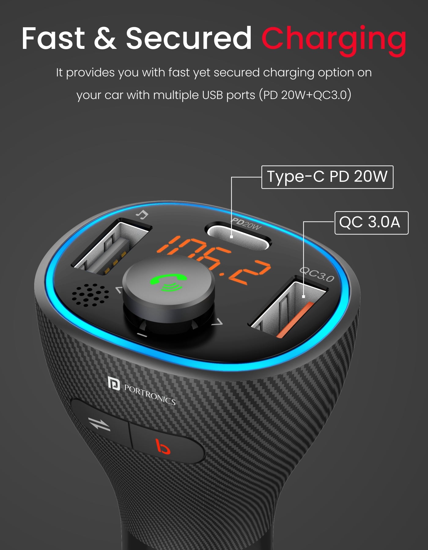 Portronics Auto 15 Wireless Audio Connector and type c Car Charger fast and secure charging