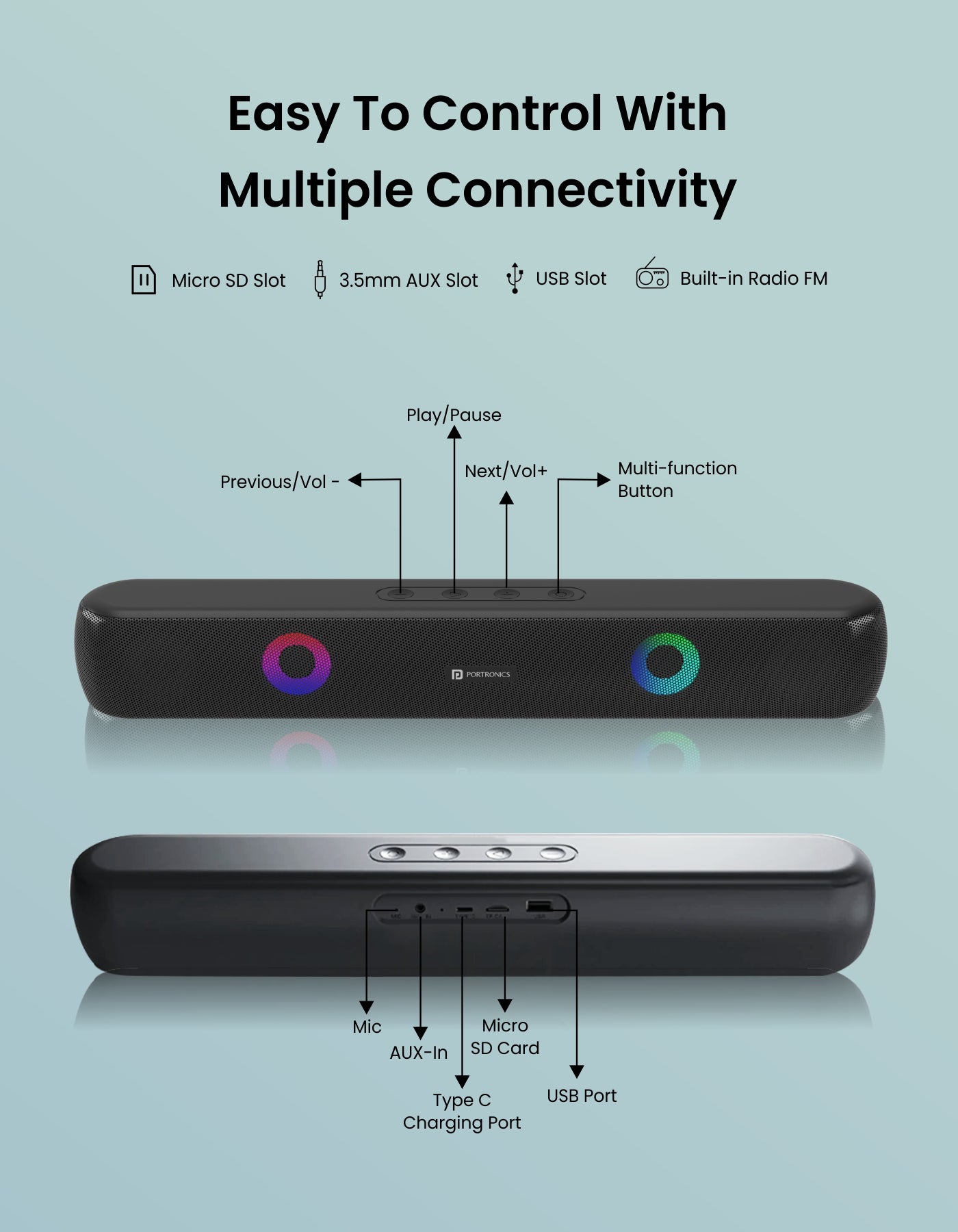 Portronics Decibel 21 Wireless Bluetooth Soundbar with multi connectivity options