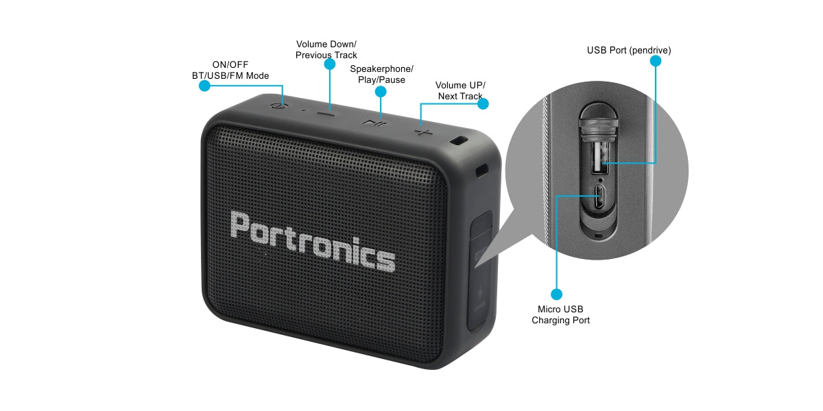 Control Buttons of portronics Dynamo mini portable bluetooth speaker, black