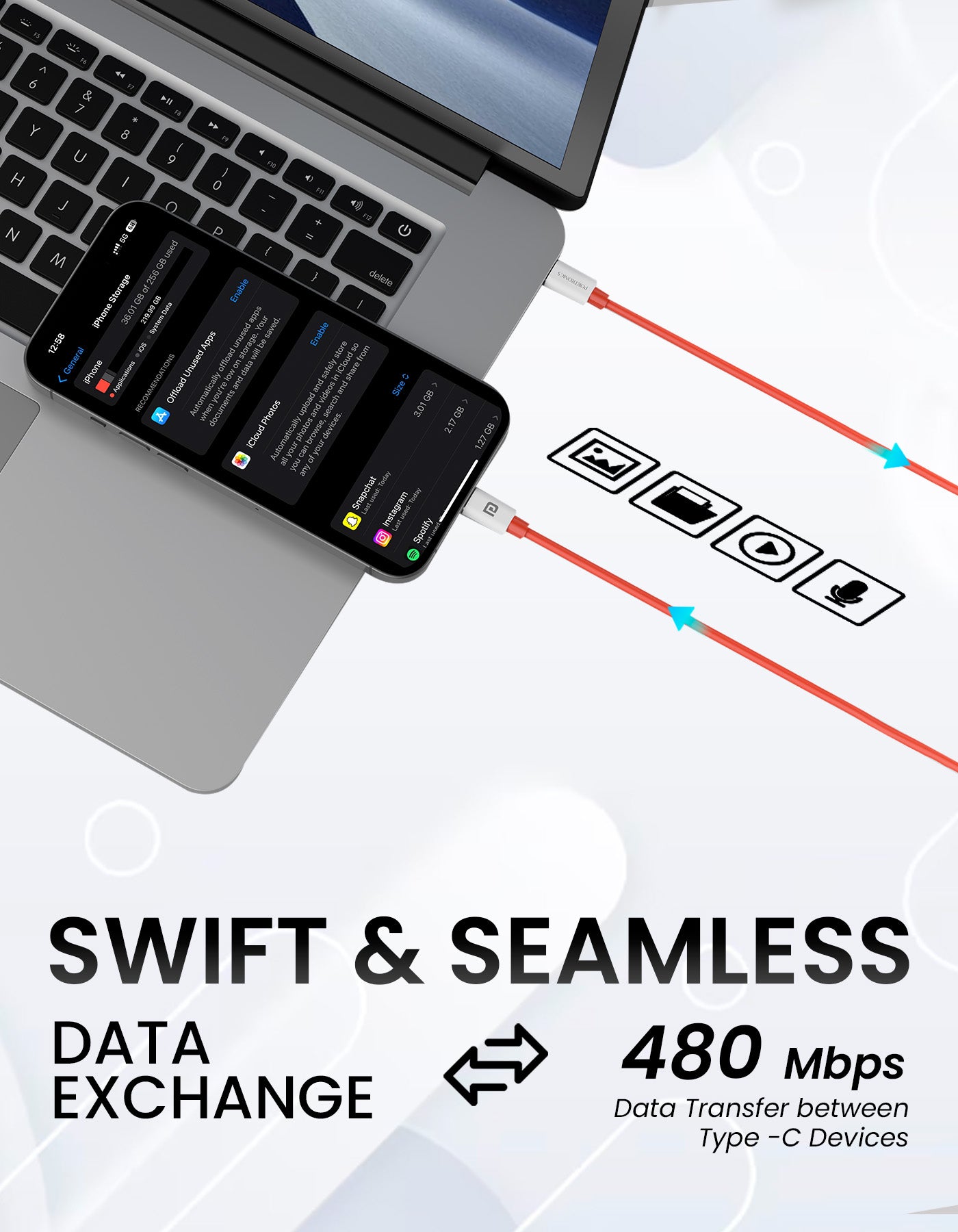 Portronics Konnect Dash Max 65w Type to type c charging cable| type c charging cable| type c to type c cable with 480 mbps data cable 