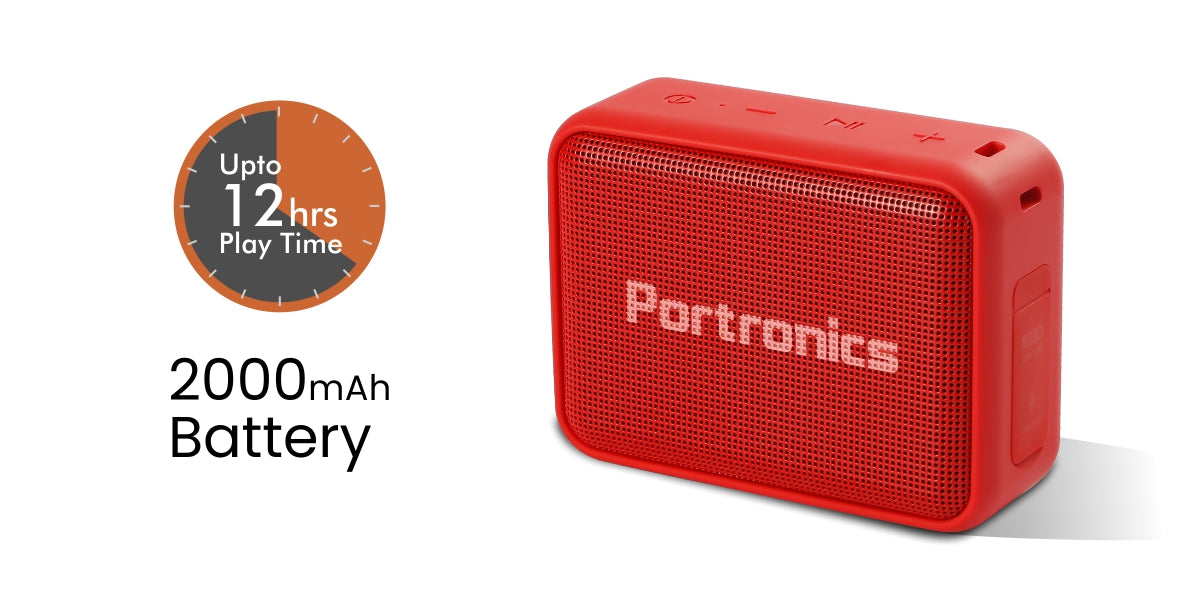 Clock shows battery life of portronics mini portable bt speaker price 2000mah battery