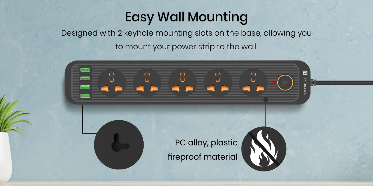 Power Plate 6 - Power bank Board With 5 Power Sockets, 4 USB Ports design with 2 key holes for hanging on wall