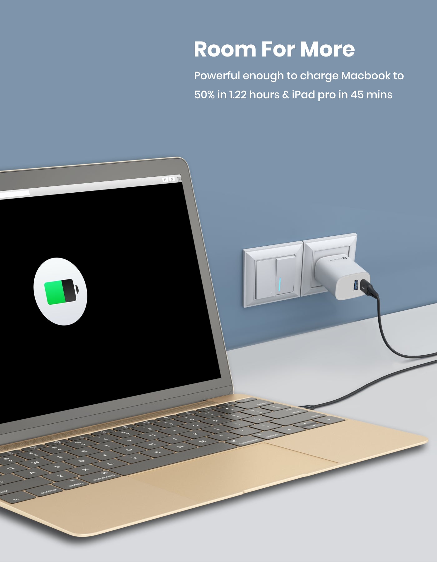 Portronics Adapto 30Fast charger powerful enough to charge Macbook to 50% in 1.22 hours & iPad pro in 45 mins.