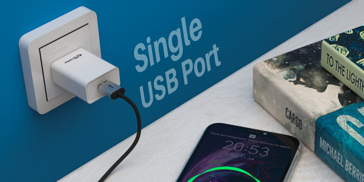 Portronics Adapto 62 USB Fast Charger plugged in electric board