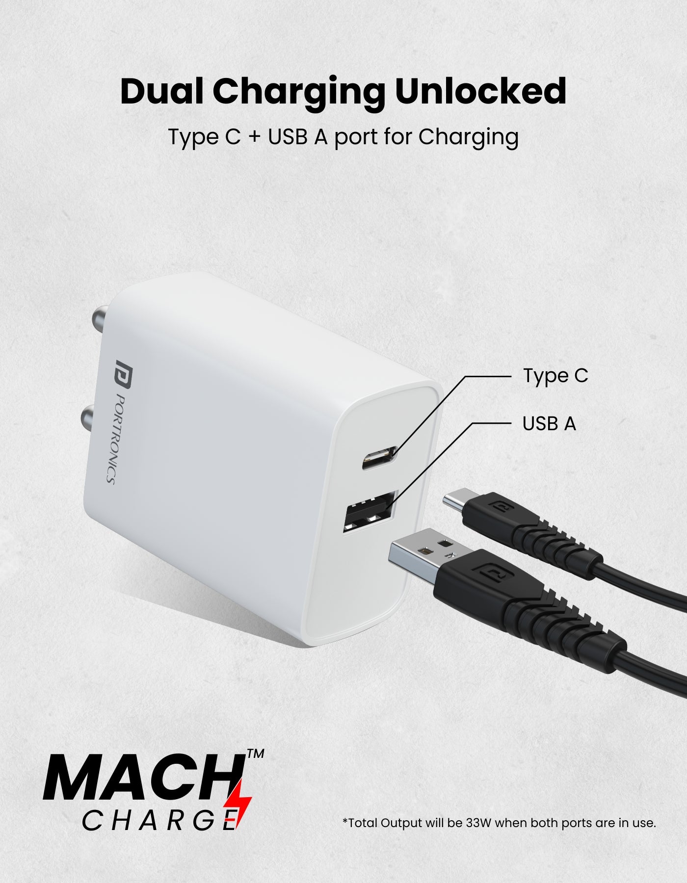 Portronics Adapto 70 33 W Dual Port  type C fast charger and USB A for iOS & Android 