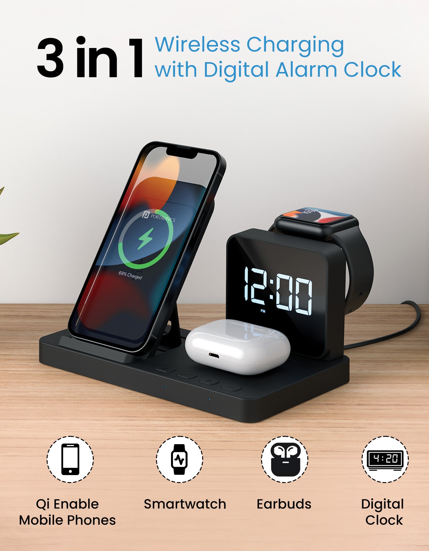 Portronics Bella 3-in-1 Wireless Charger with digital alarm clock