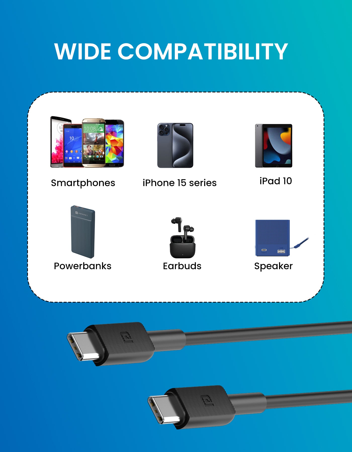 Portronics Konnect Link C Square 60W fast Charging cable| 60W Charging Cable| Type-C to Type-C cable compatible with all Type-C tablets, smartphones, earphones