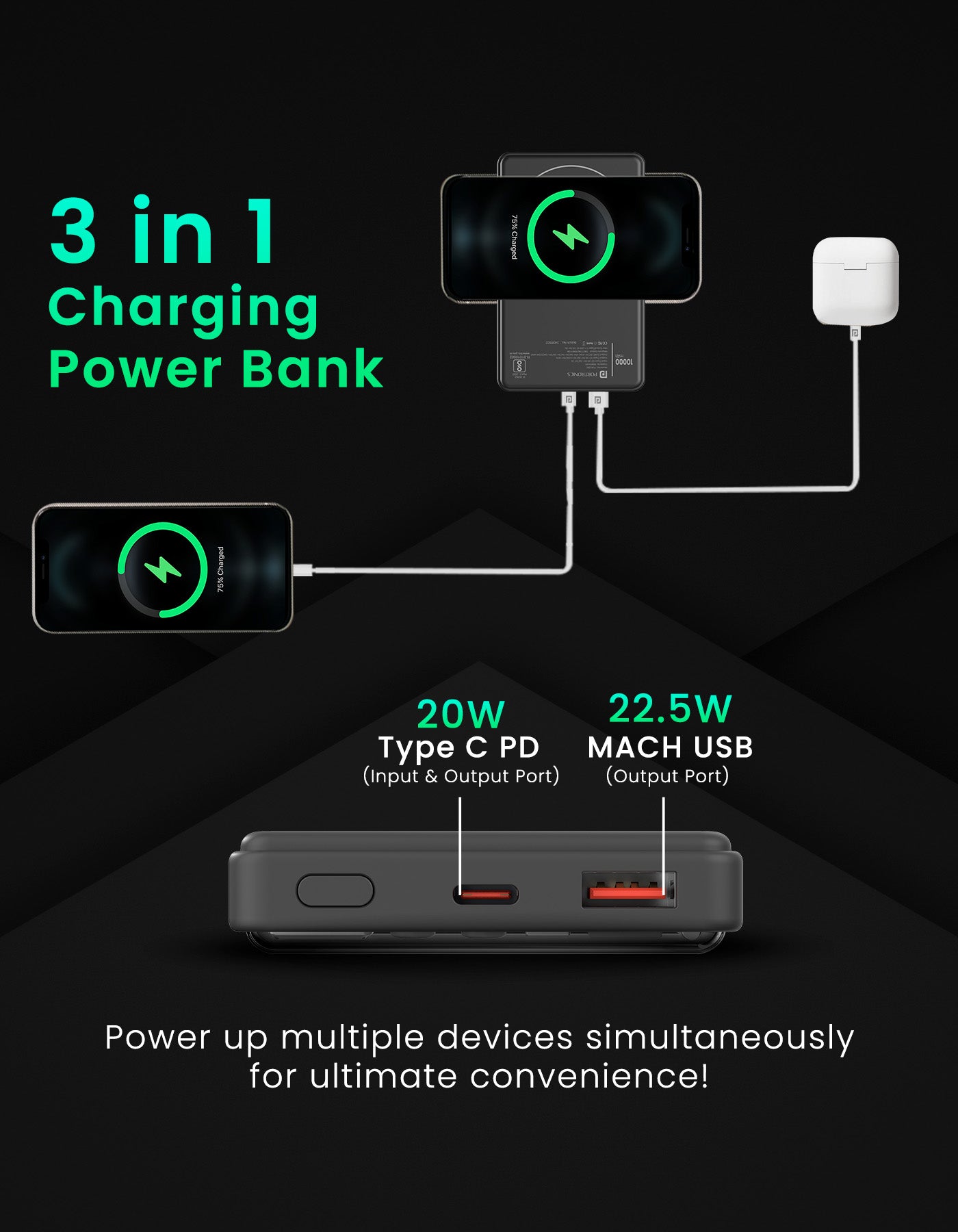 Portronics luxcell wireless mini 10k 10000mah Power bank can charge 3 devices at a time