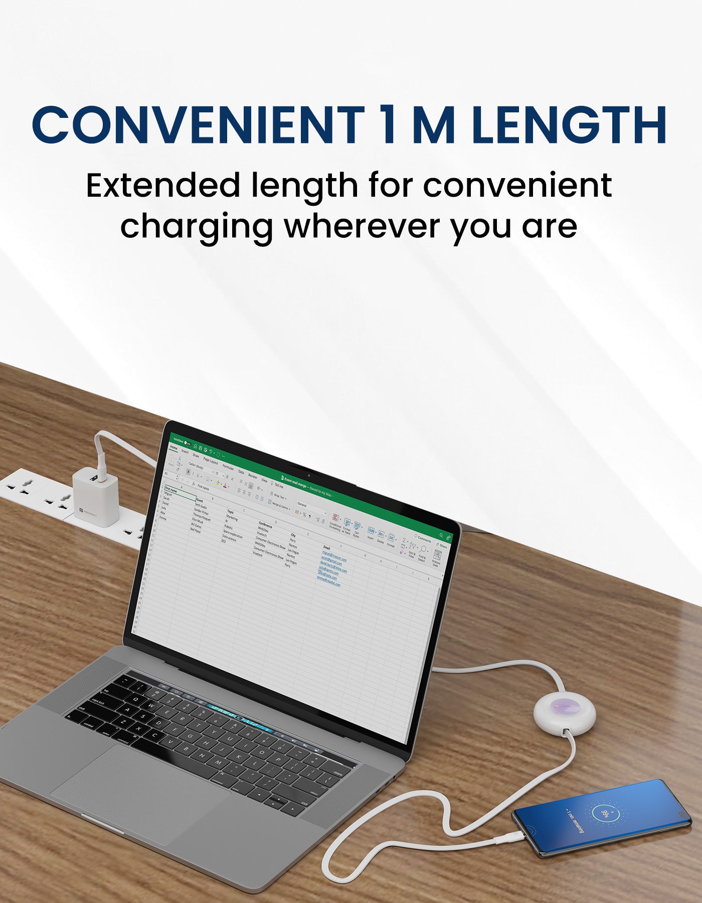 Portronics Konnect Recoil - 60W fast Charging cable| 60W Retractable Charging Cable| Type-C to Type-C cable with 1 m cable length