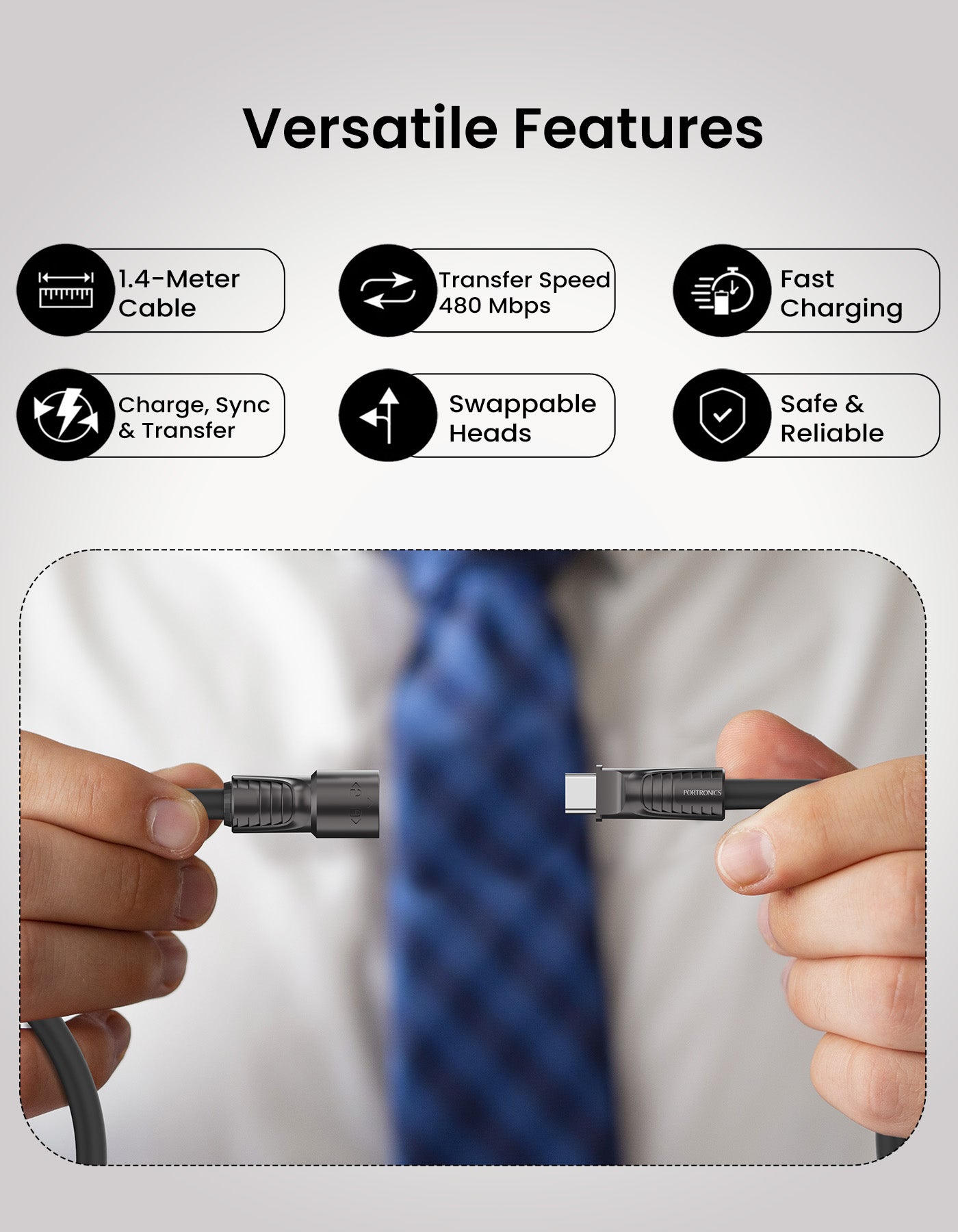 Portronics Konnect Tetra 4 in 1 type c to type c charging cable with universal compatibility for lightning devices