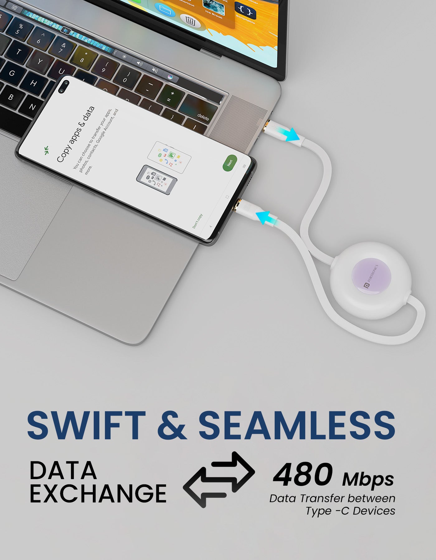 Portronics Konnect Recoil - 60W fast Charging cable| 60W Retractable Charging Cable| type c to type c cable| data cable with 480mbps speed