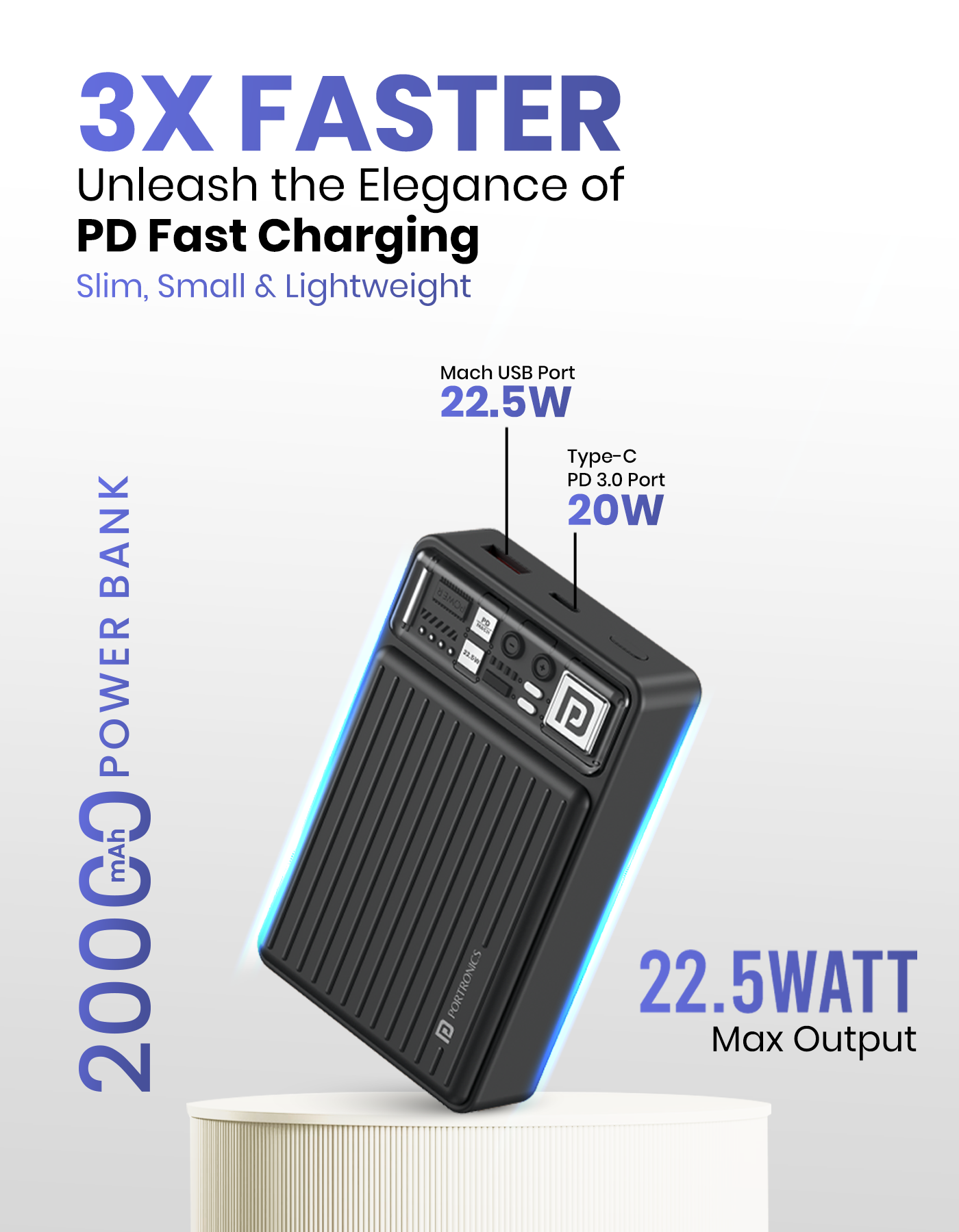 Portronics Luxcell bind 20K 20000mah Power bank comes with built-in type c and 8 pin charging cable