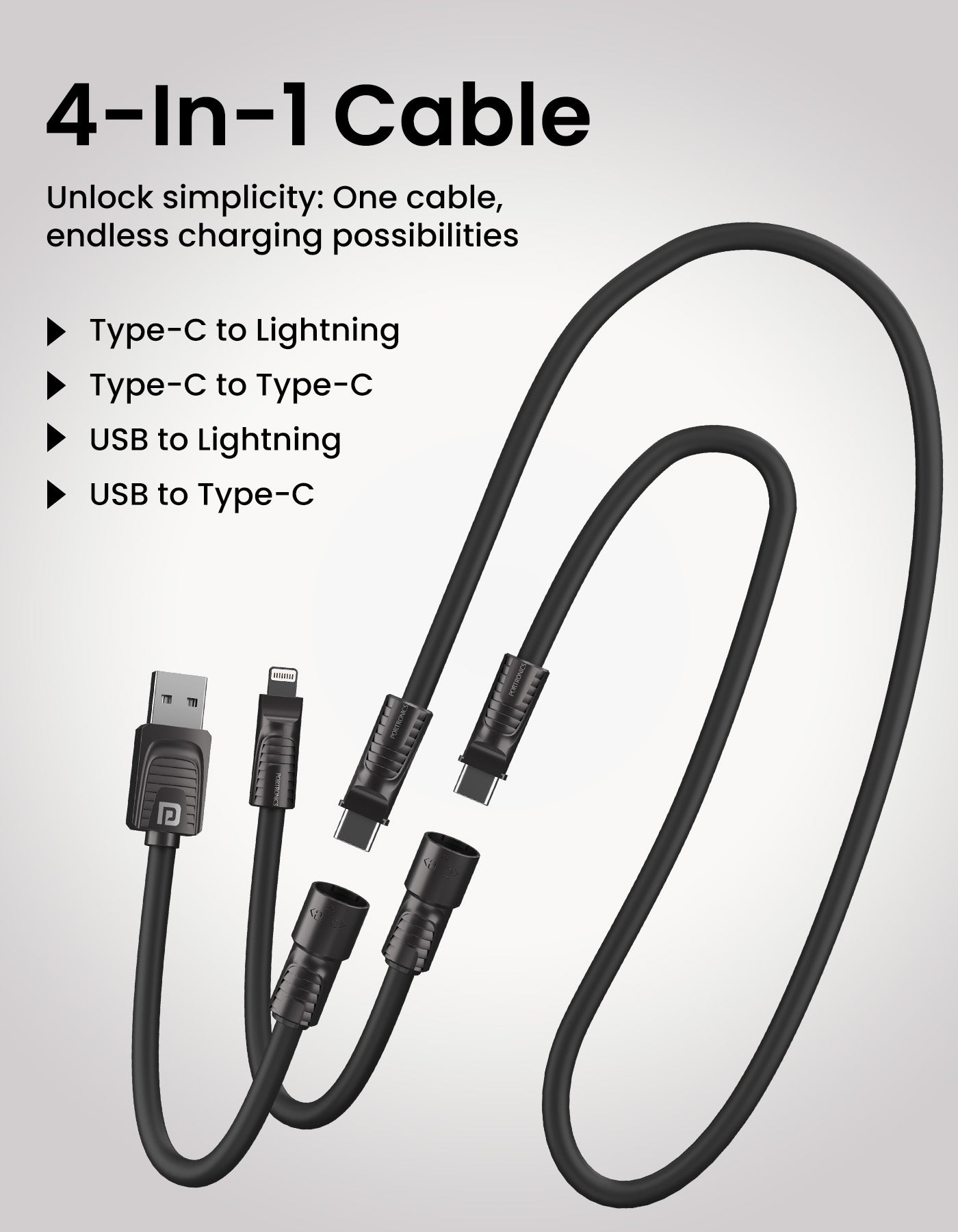 Portronics Konnect Tetra 4 in 1 type c charging cable| type c to type c cable| usb cable to type c