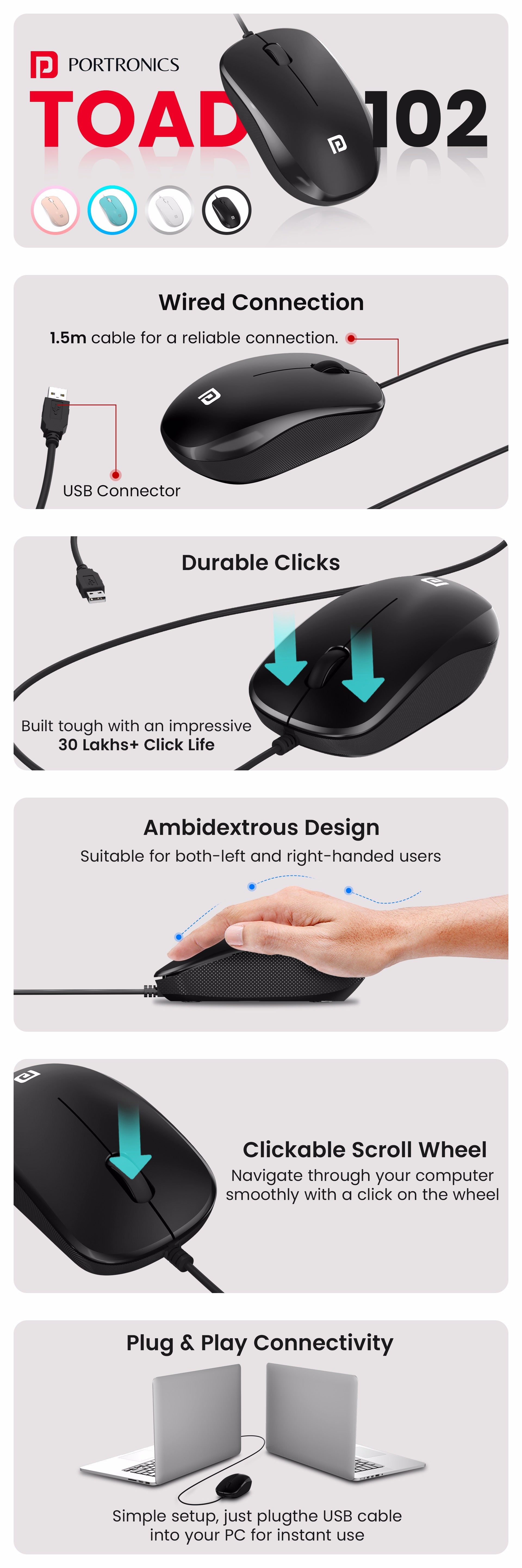 PortronicsToad 102 wired mouse with responsive 1600 DPI(Dot Per Inch) combing the best for working and photo editing.