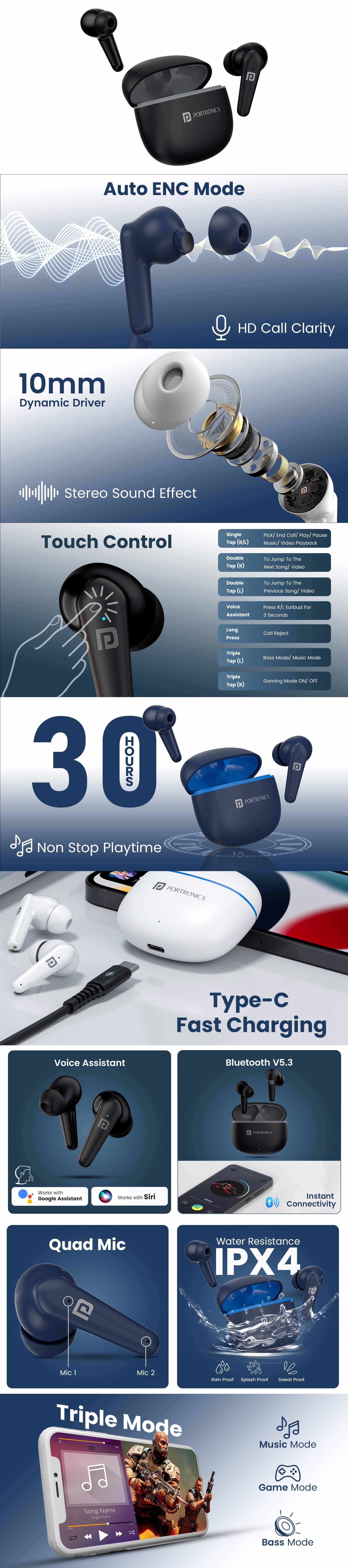 Portronics Harmonics Twins S10 Smart wireless TWS with noise cancelling earbuds