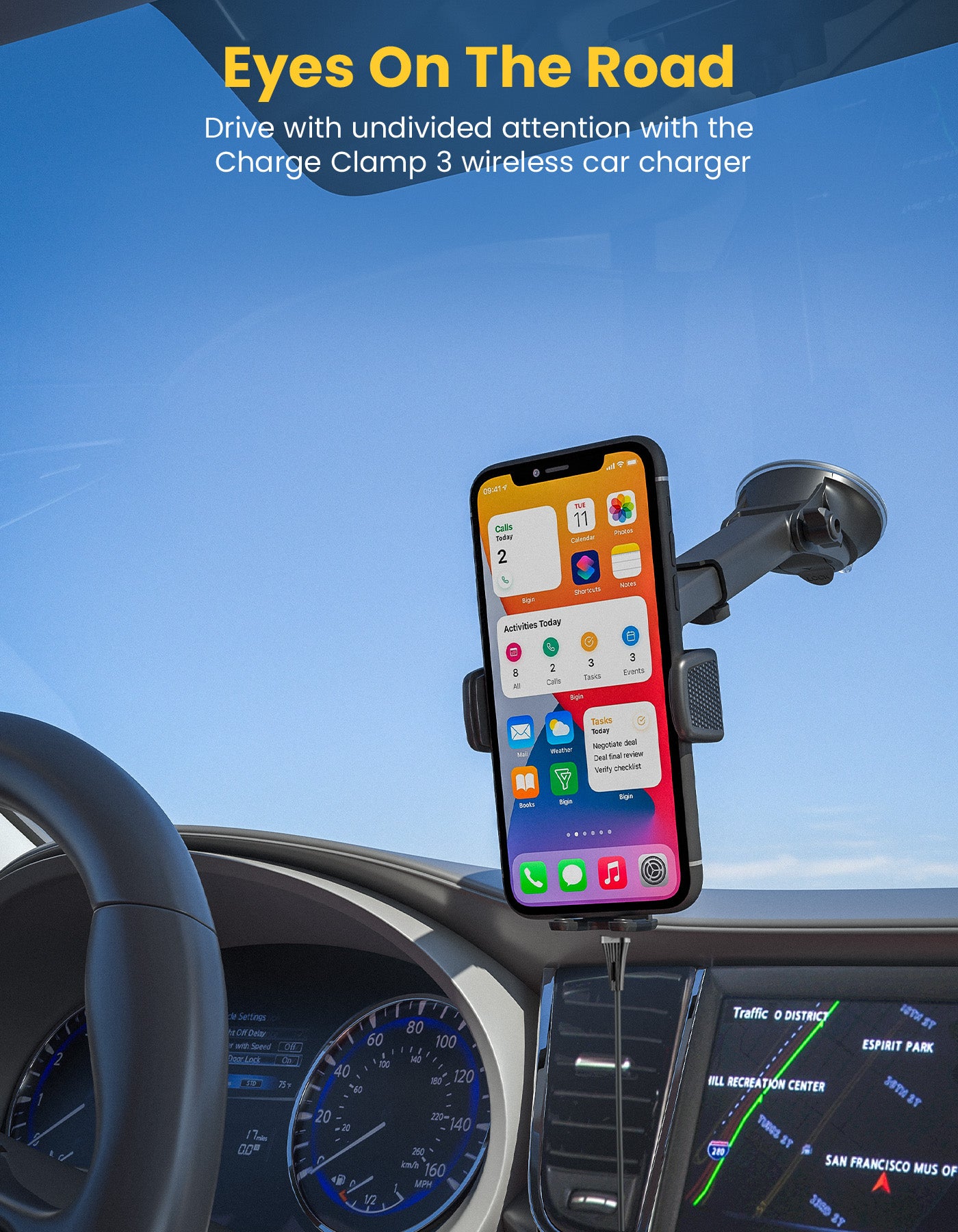 Portronics Clamp 3 car Mobile Holder with wireless car charger & 360-degree rotational