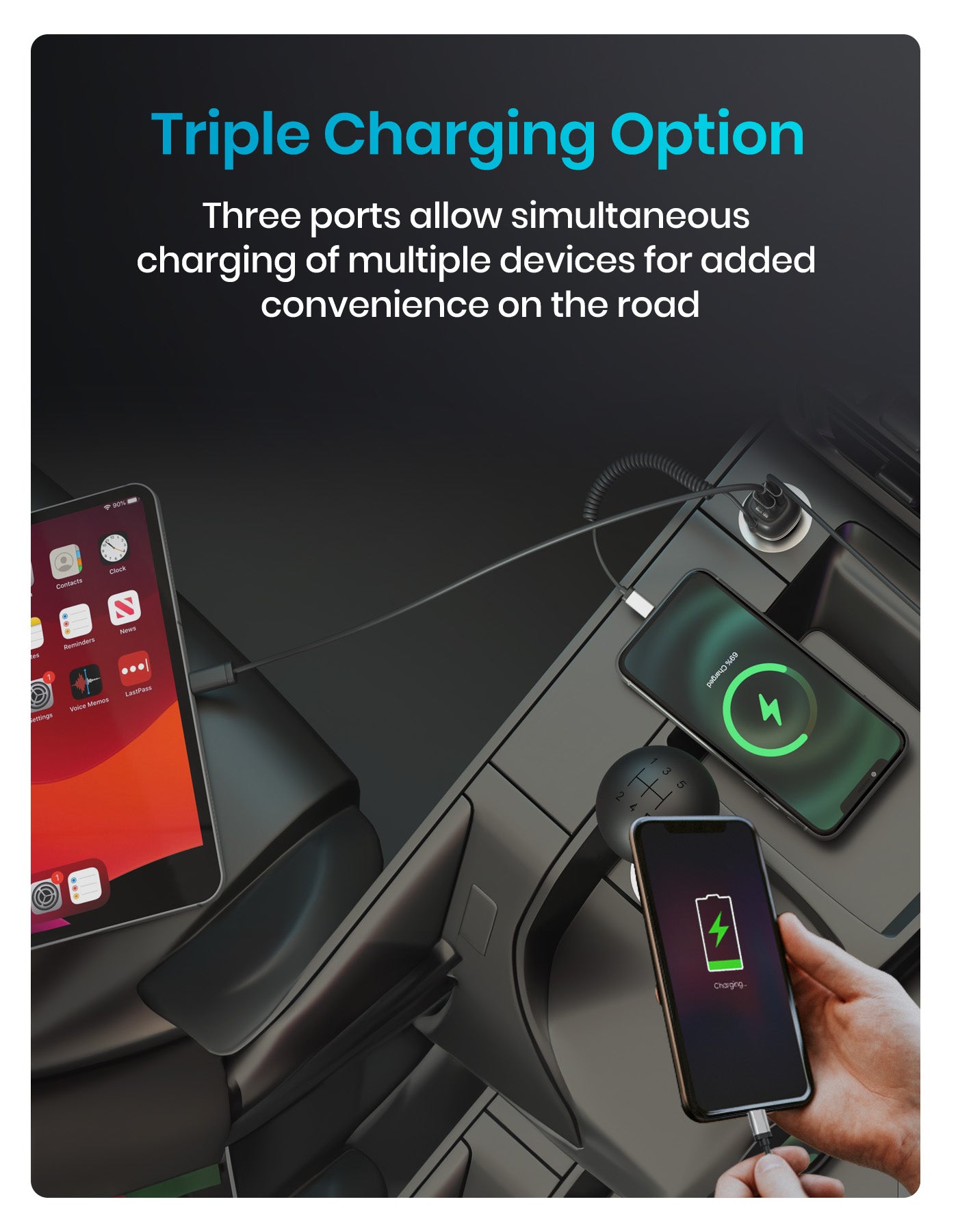 Portronics Car Power 1C car charger with triple port usb hub| best car accessories| car charger for all your devices