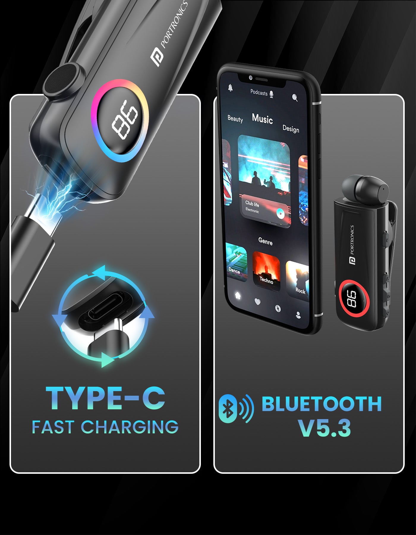 Portronics Harmonics Klip 5 wireless bluetooth headset with latest bluetooth| bluetooth headset with type c charging