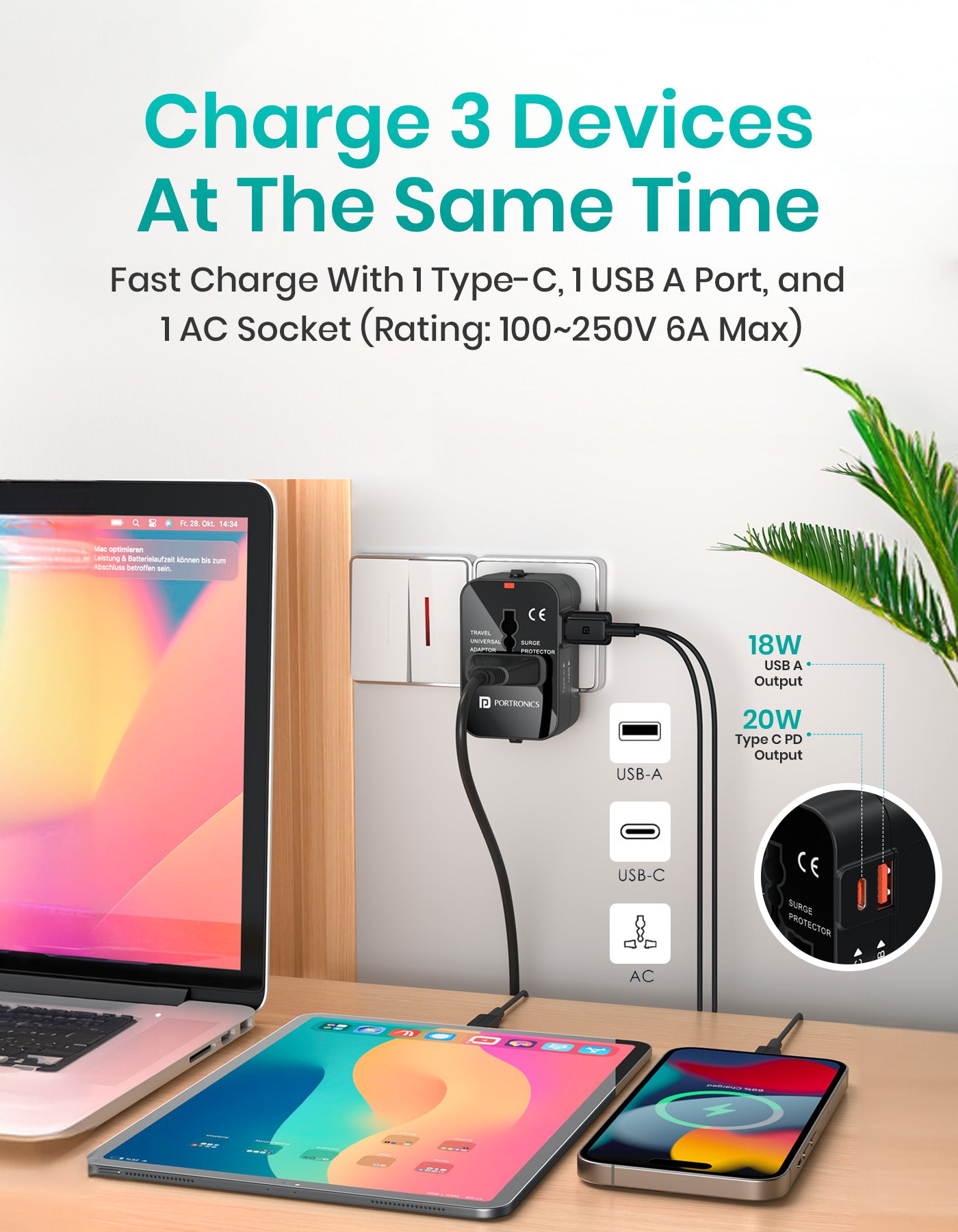 Portronics Juicemate 3 in 1 universal travel adapter Durable travel adapter made from premium PC + ABS material and  Fuse protection for safe charging worldwide