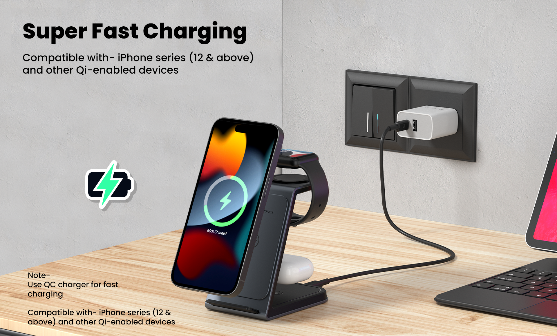 Portronics Freedom trio 3 in 1 Wireless Charger safe device