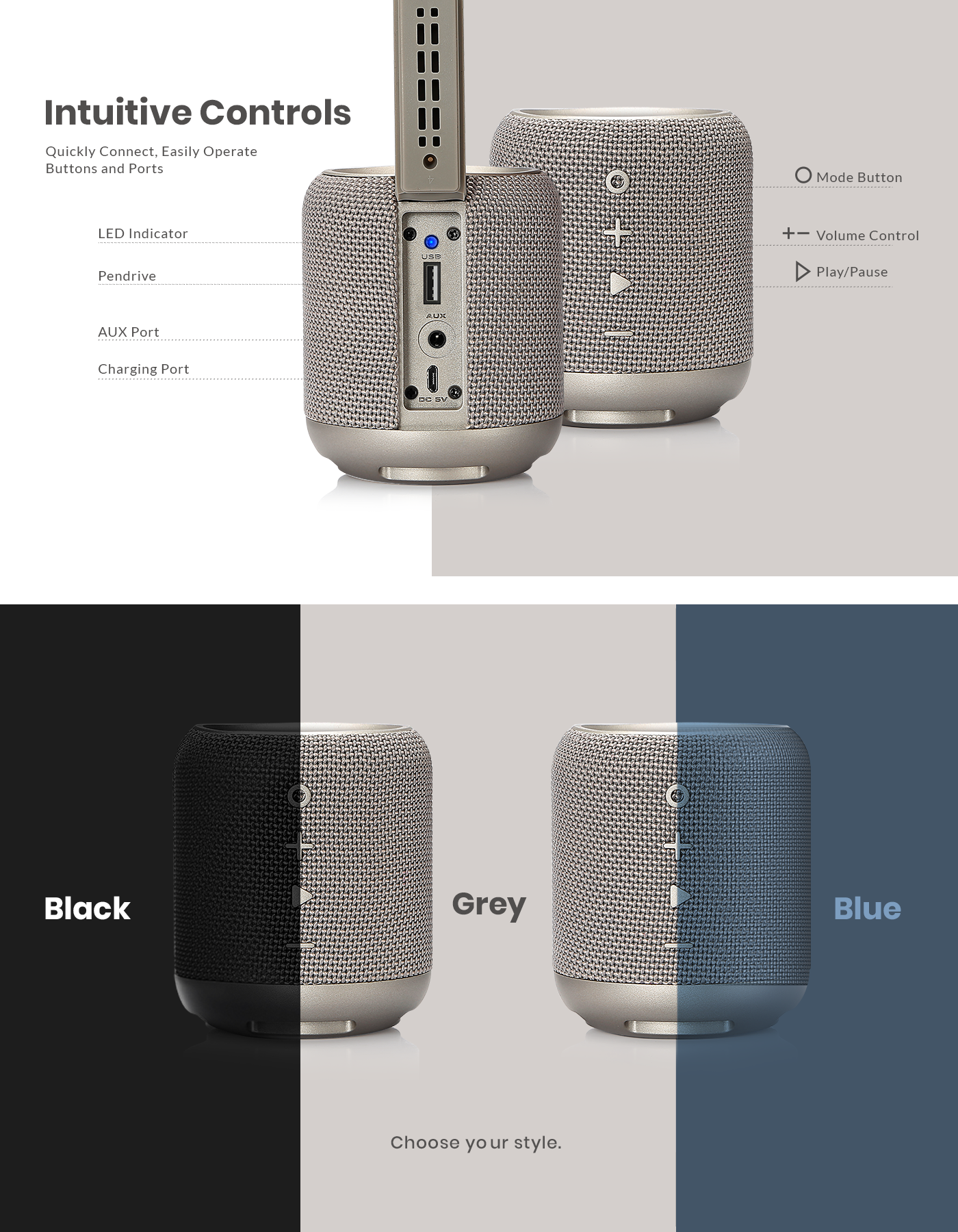 Portronics SoundDrum Portable Mini Bluetooth speaker intuitive controls