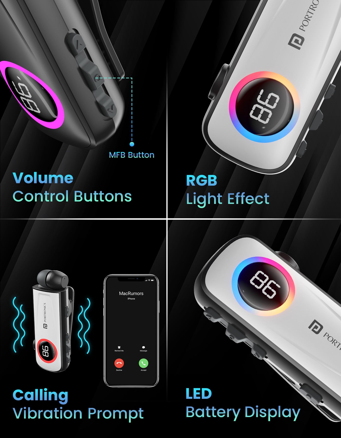 Portronics Harmonics Klip 5 bluetooth handsfree wireless come with volume buttons, RGB light, led indicators, & vibrating features