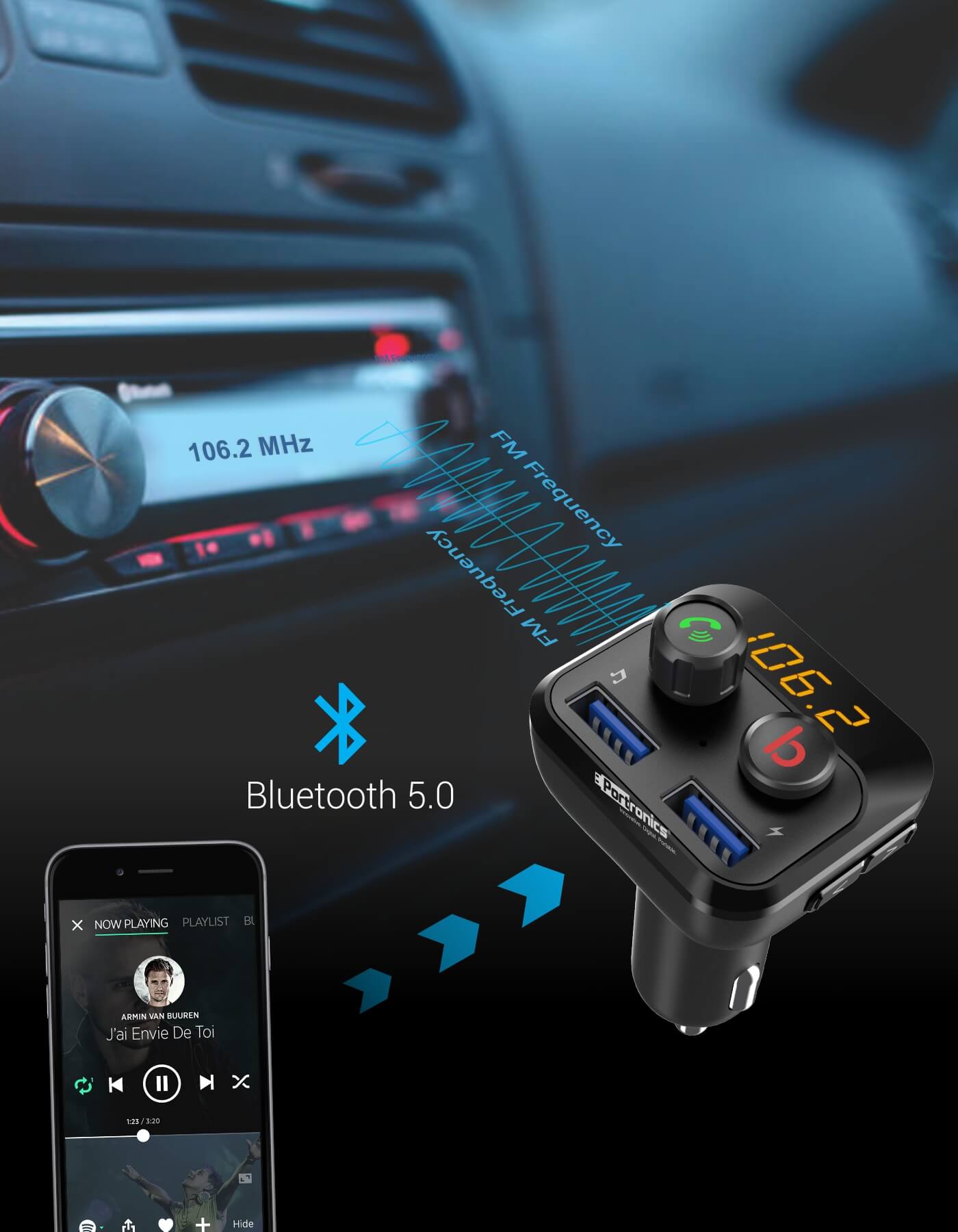 Portronics Auto10: Smart Audio Connector & 3.4A Car USB Charger  fast bluetooth connectivity 