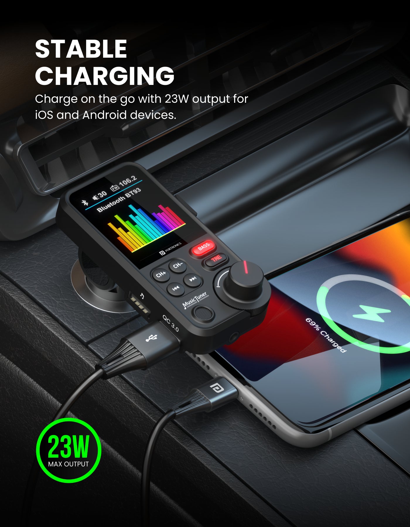 Portronics Auto one Wireless Audio Connector and Fast Car Charger with google assistant