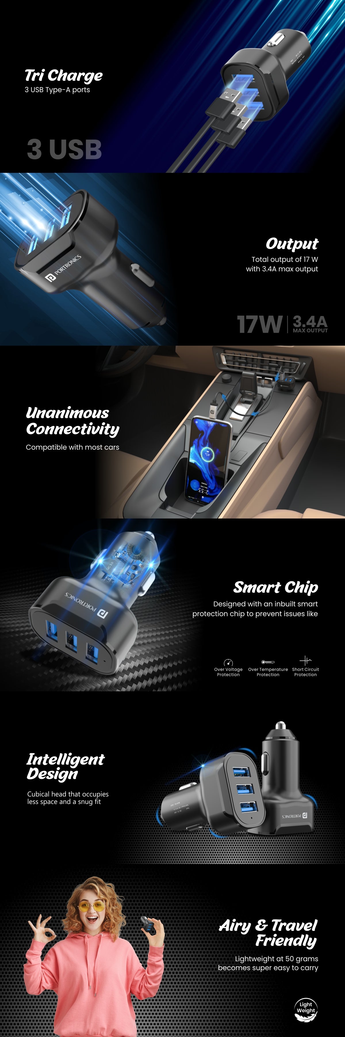 Portronics Car power 11 charger 3 USB Type with a 17 W output and USB multiports