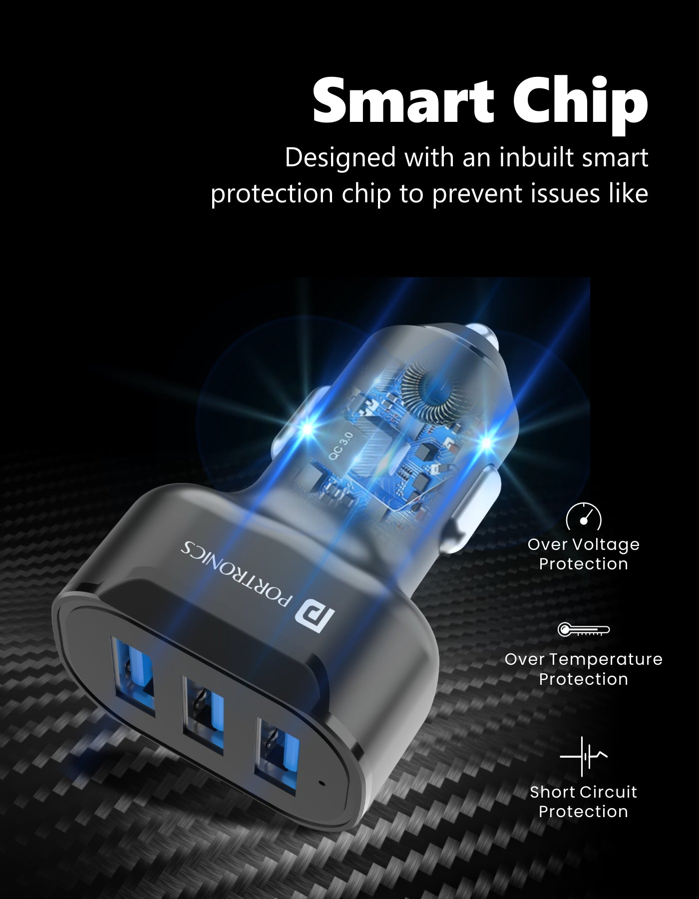 Portronics Car Power 11 car charger with 3 USB ports Designed with an inbuilt smart protection chip to prevent issues