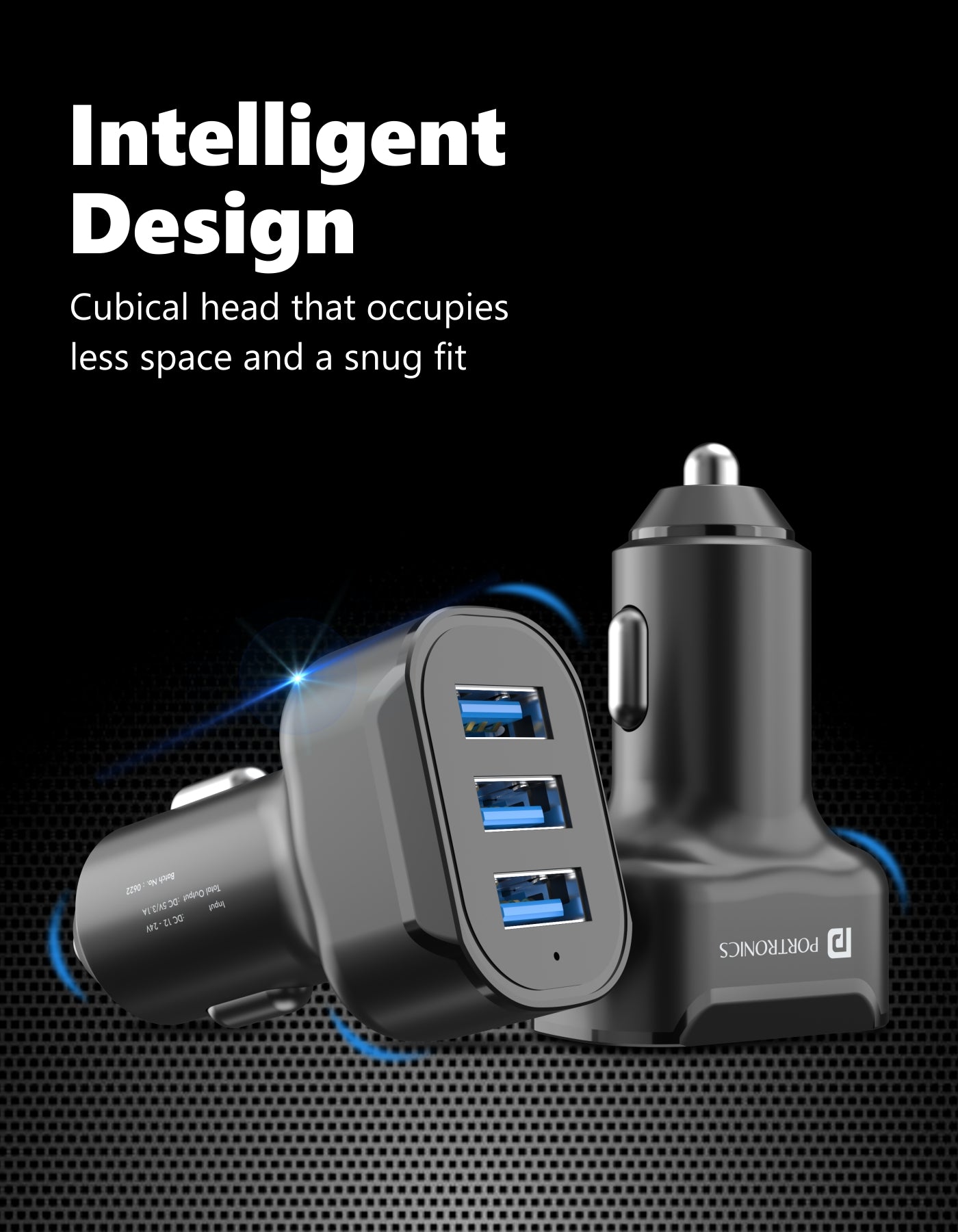 Portronics Car Power 11 car charger with 3 USB ports Cubical head that occupies less space and a snug fit