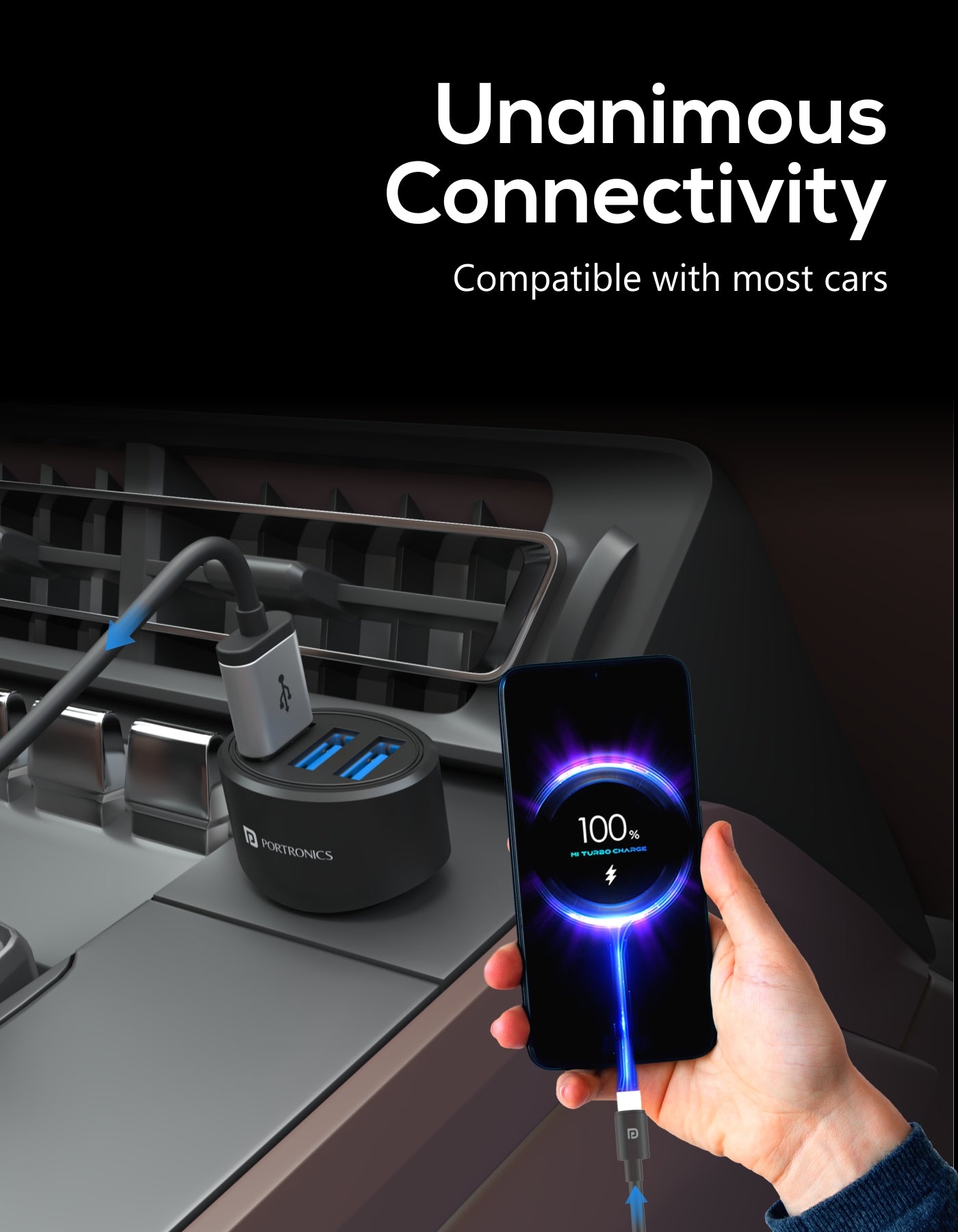 Portronics Car Power 12 car charger with 3 USB ports Compatible with most cars