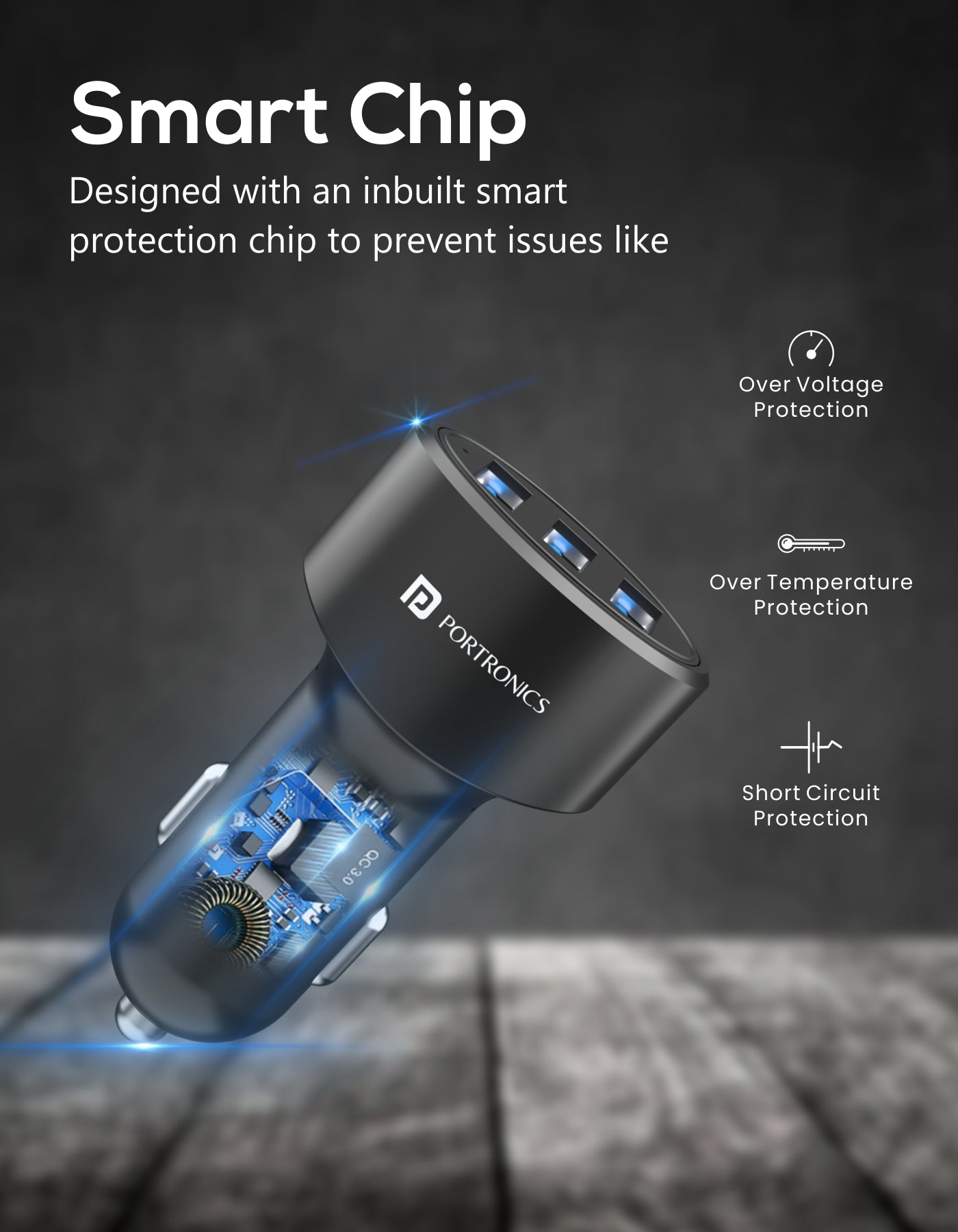 Portronics Car Power 12 car charger with 3 USB portsDesigned with an inbuilt smart protection chip to prevent issues