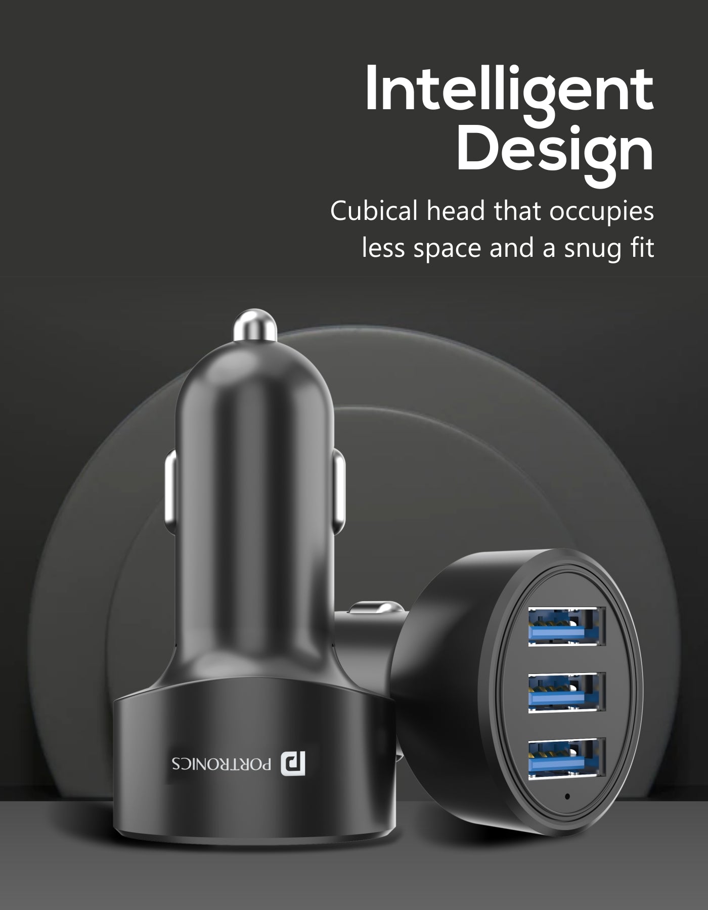 Portronics Car Power 12 car charger with 3 USB ports Cubical head that occupies less space and a snug fit
