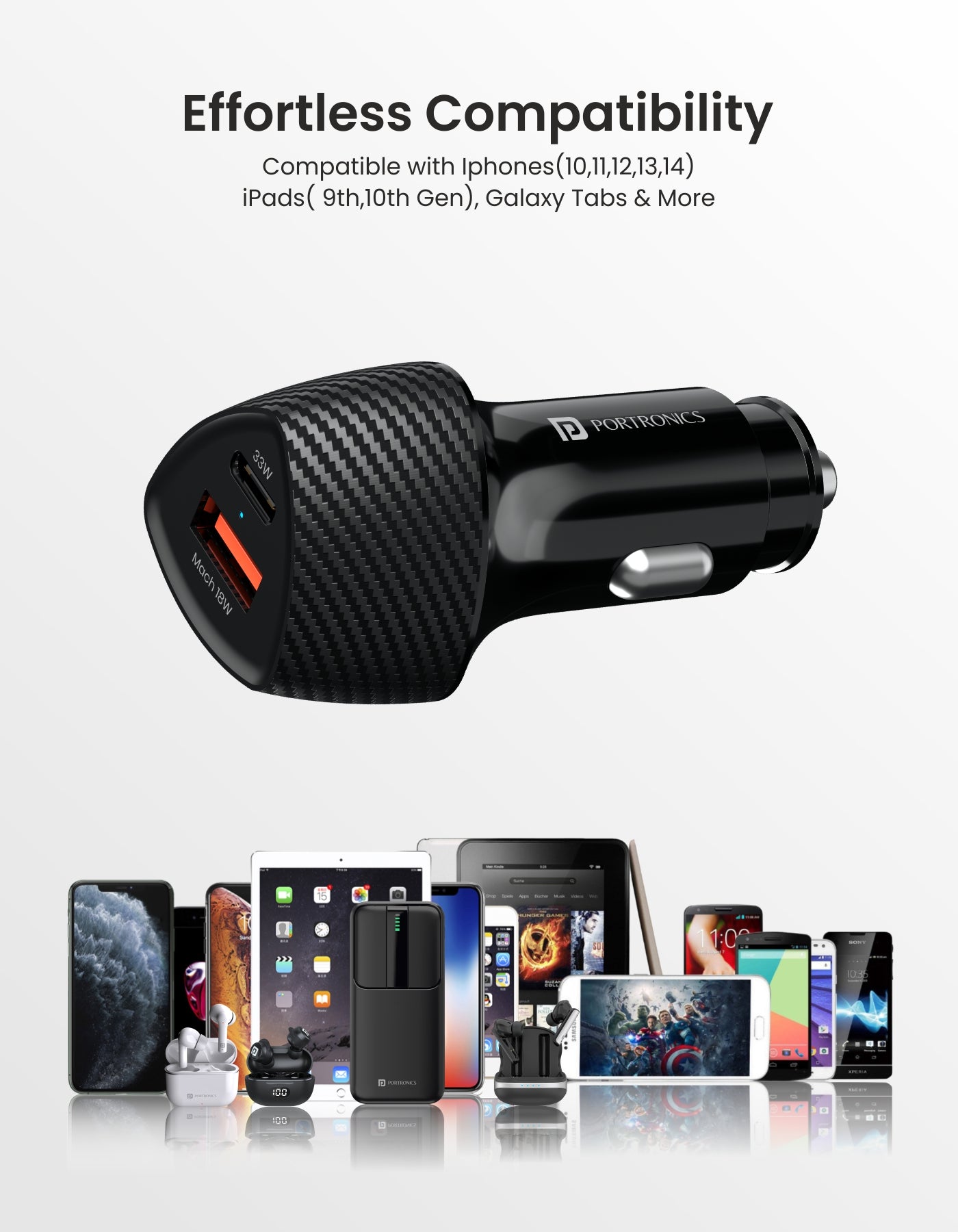 Portronics Car Power 16 car charger with 3 USB ports Compatible with most cars