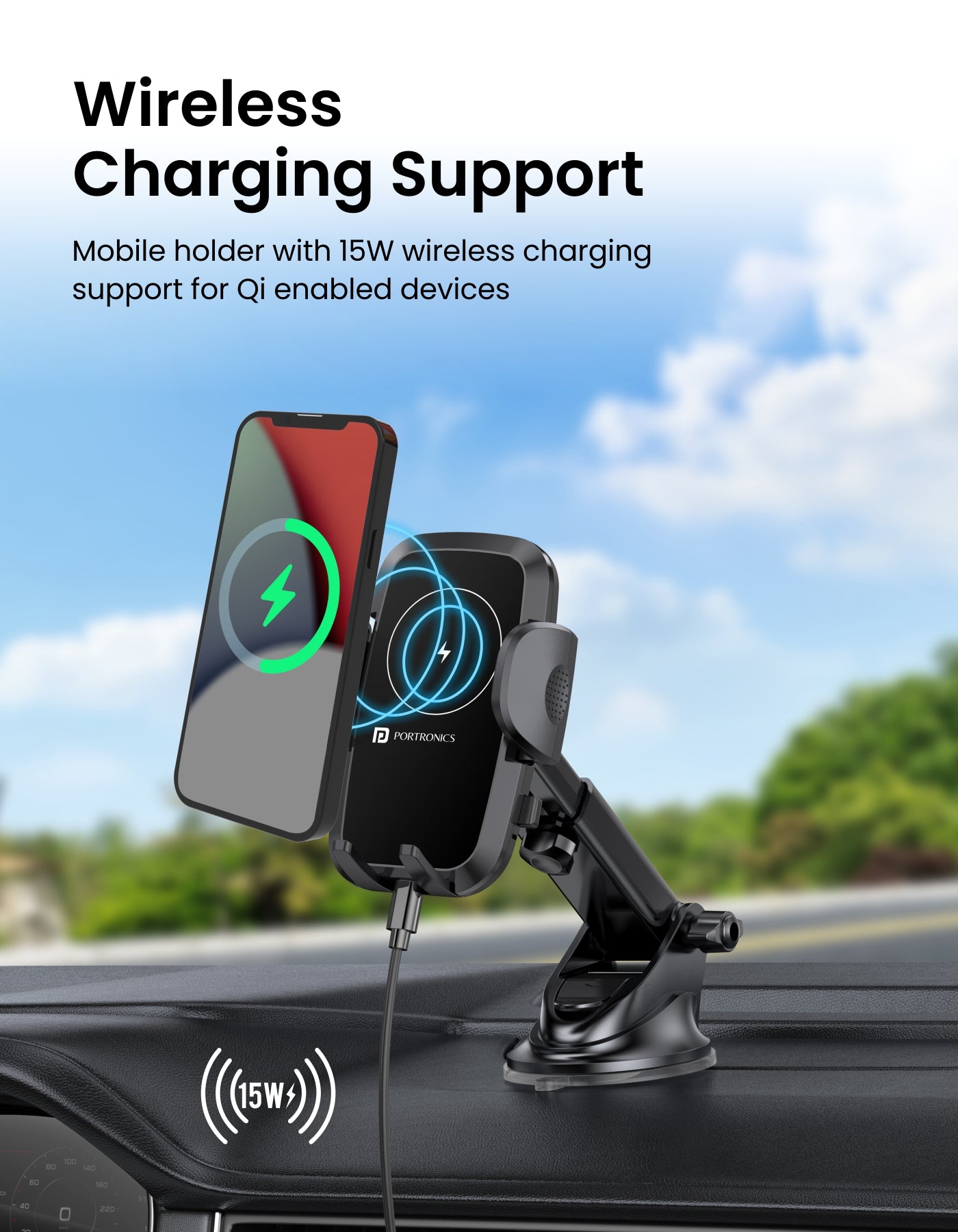 Portronics Charge Clamp 2 Mobile Holder for car with wireless charging