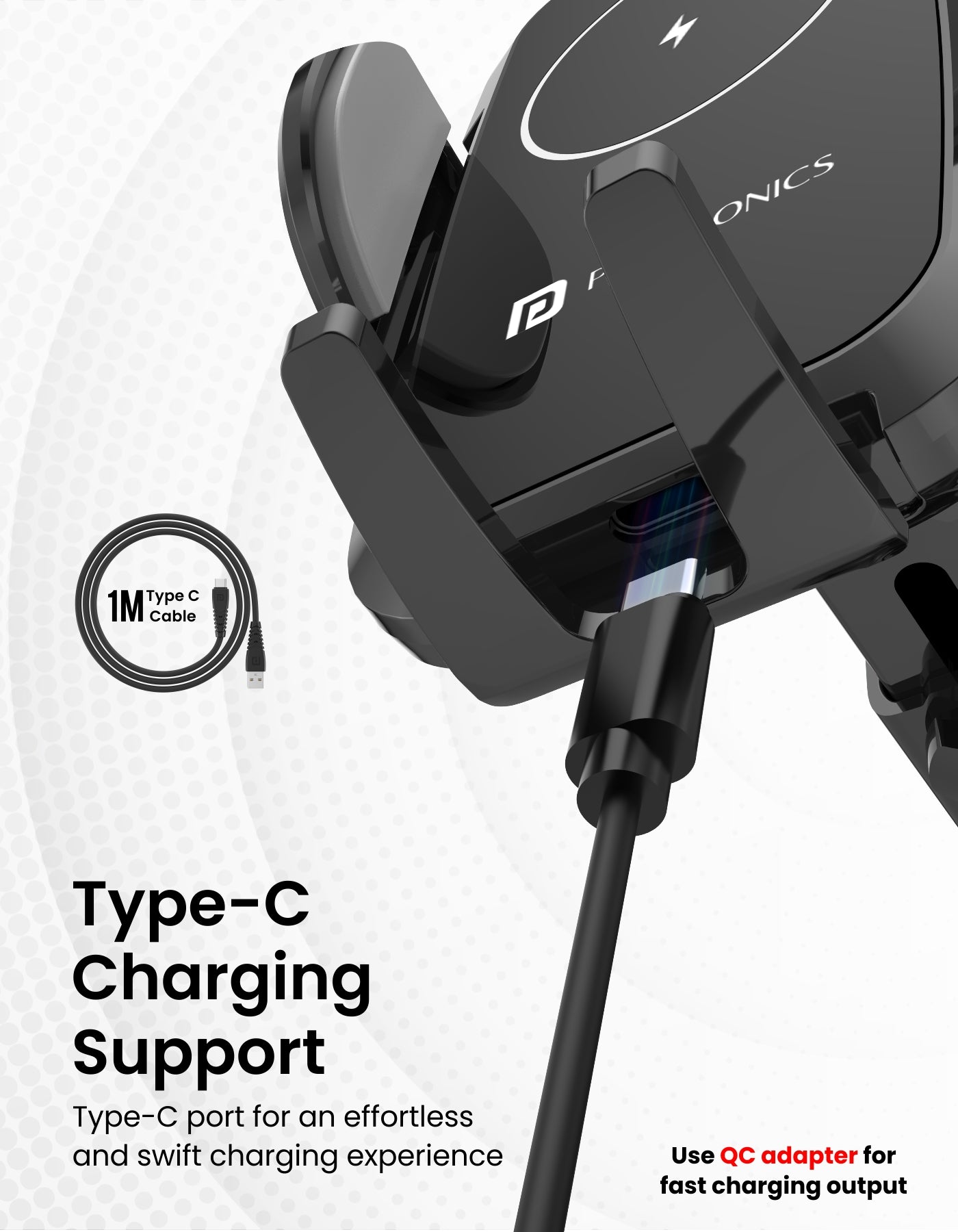 Portronics Charge Clamp 2 Mobile Holder for car with 1 meter type c cable