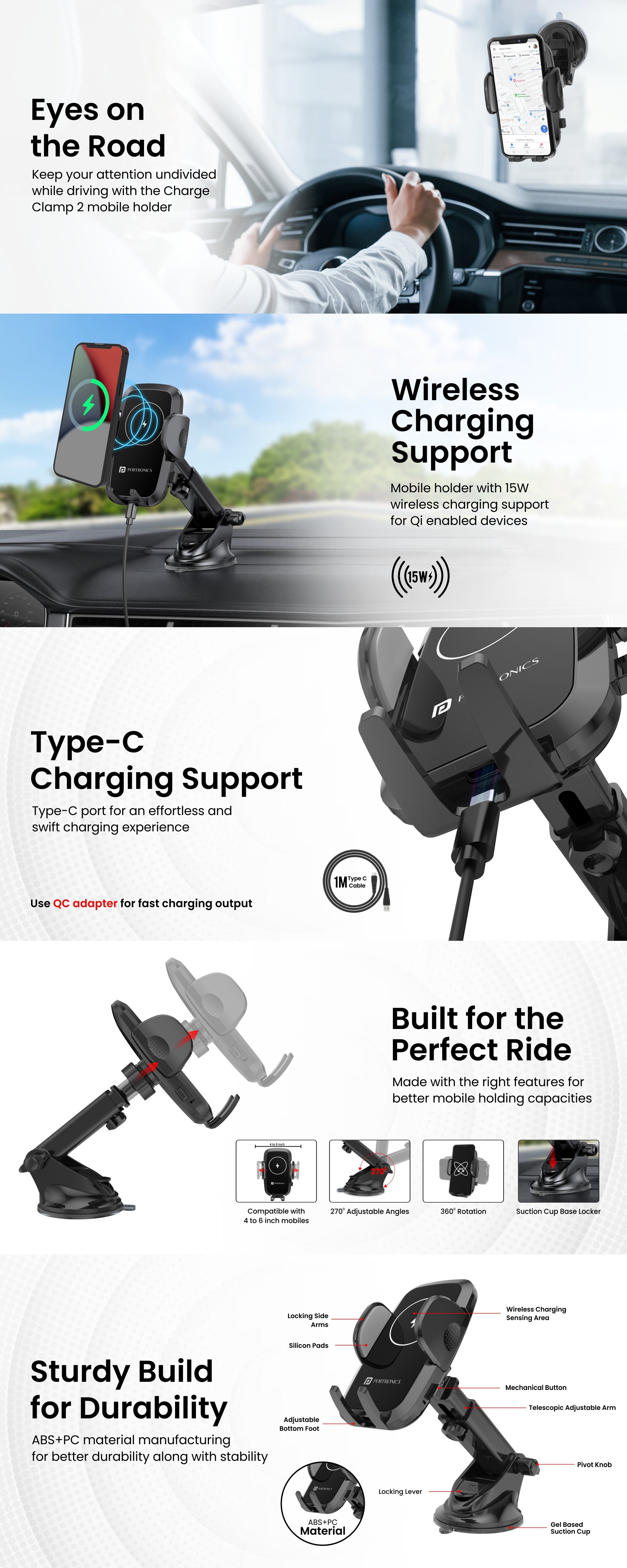 Keep your attention undivided while driving with Portronics Charge Clamp 2 Mobile Holder for car