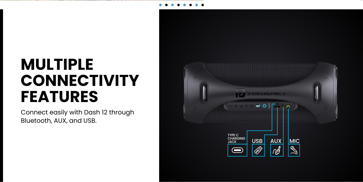 Multi connectivity feature AUX, USB, bluetooth in portronics dash 12 Portable bluetooth speaker