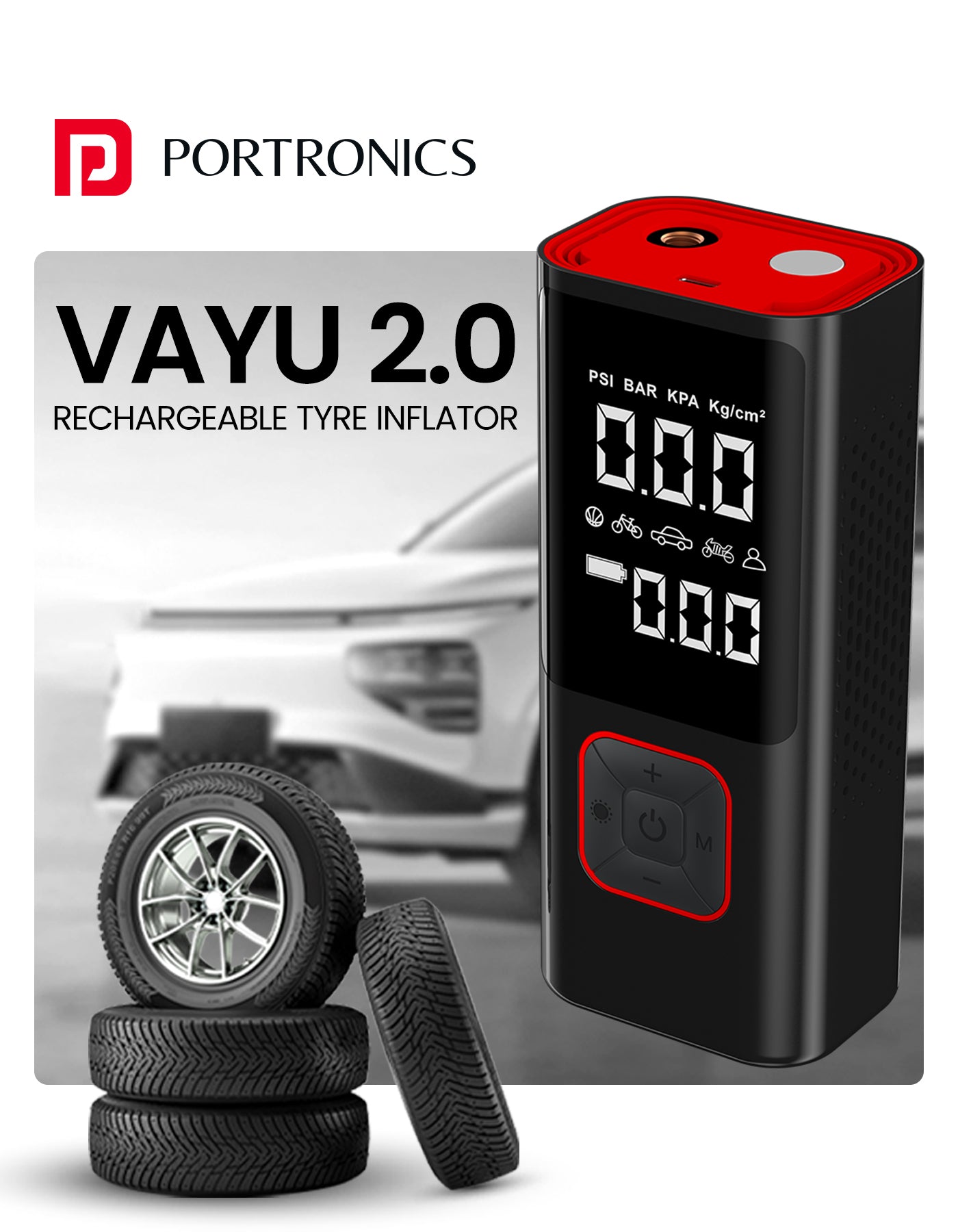 Portronics vayu 2.0 portable tyre inflator| rechargeable car tyre inflator with auto pressure & limit detects