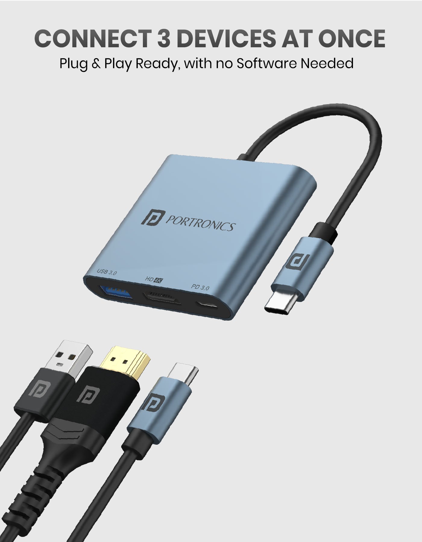 connect 3 devices at once with Portronics C-Konnect Plus 3 in 1  type-c usb hub